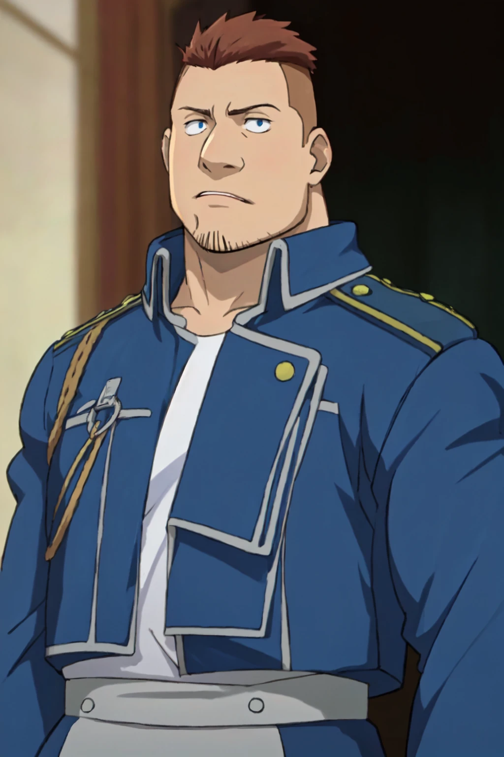 (1 image only),  solo male,  1boy,  Heymans Breda,  Fullmetal Alchemist,  anime,  2D,  blue eyes,  brown hair,  short hair,  high fade,  stubble,  handsome,  chubby,  open pure blue military uniform,  confidence,  charming,  alluring,  upper body in frame,  perfect anatomy,  perfect proportions,  8k,  HQ,  (best quality:1.2,  hyperrealistic:1.2,  photorealistic:1.2,  masterpiece:1.3,  madly detailed photo:1.2),  (hyper-realistic lifelike texture:1.2,  realistic eyes:1.2),  high_resolution,  perfect eye pupil,  dutch angle, best quality,  (long sleeves),<lora:EMS-286469-EMS:0.800000>