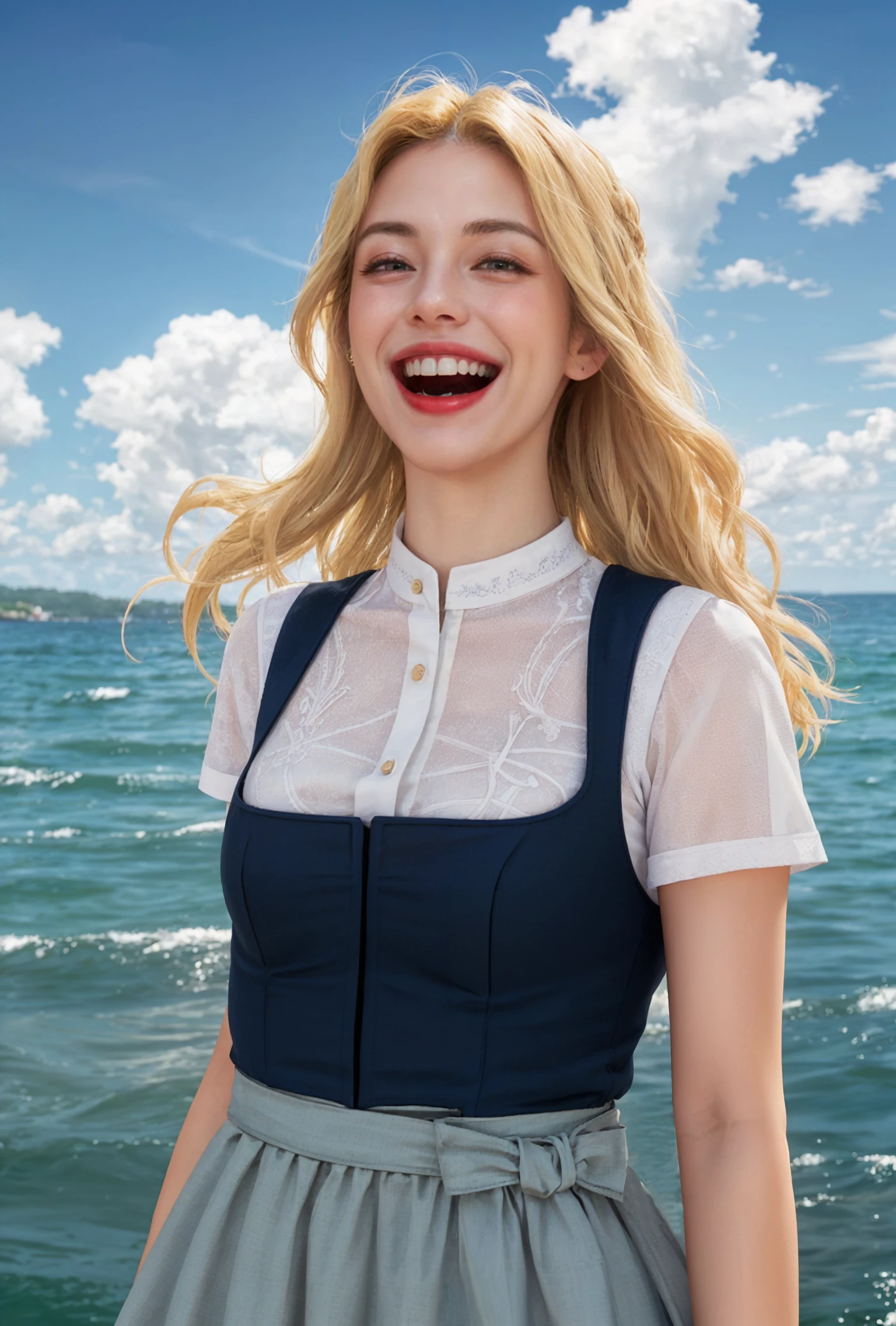 1girl, navy blue dirndl, flowing blonde hair, laughing, upper body, ocean, clouds  <lora:dirndl_auth_v1-02:1>