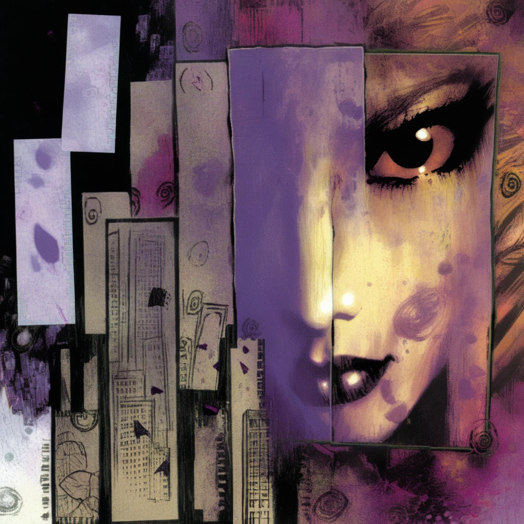 astrstica girl's face in the background of a dark city in the morning<lora:astrstica:1>