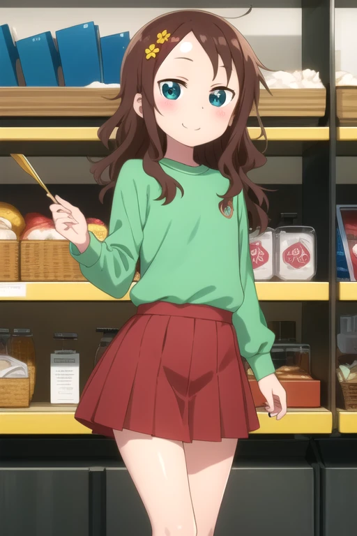 ((masterpiece)),(best quality),official art,extremely detailed CG,unity 8k wallpaper,ultra detailed,beautiful detailed eyes,extremely detailed face,shop,1girl,solo,cowboy shot,looking at viewer,facing viewer,(petite:1.2),smile,long_hair,brown_hair,hair_flower,hair_ornament,bangs,green_eyes,blue_eyes,green_shirt,long_sleeves,red_skirt,pleated_skirt,white_socks,loafers,<lora:Riko Saikawa(kscnm)>,