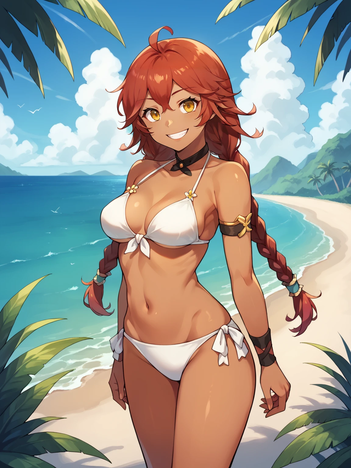 nami, one piece, orange, hair, sexy, hot, tall, shoulder tattoo, orange eyes, ponytail, tropical blue bra, ocean, palm trees, beach, long hair, loincloth, loincloth, 1girl, whore, slut, hoe, 18, solo, lei, wearing a blue loincloth, sideboob, medium sized , skinny, long legs, solo, onegirl, 1girl,