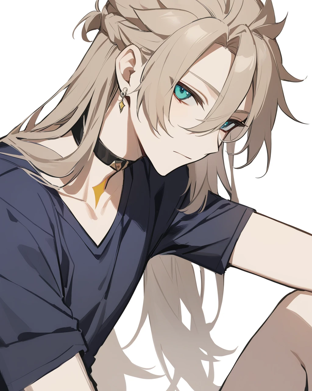 masterpiece,best quality,<lora:albedo:1>,male focus,albedo \(genshin impact\),1boy,alternate hairstyle,single earring,simple background,solo,scar on neck,hair down,white background,closed mouth,looking at viewer,black choker,upper body,short sleeves,artist name,black shirt,alternate costume,blue shirt,