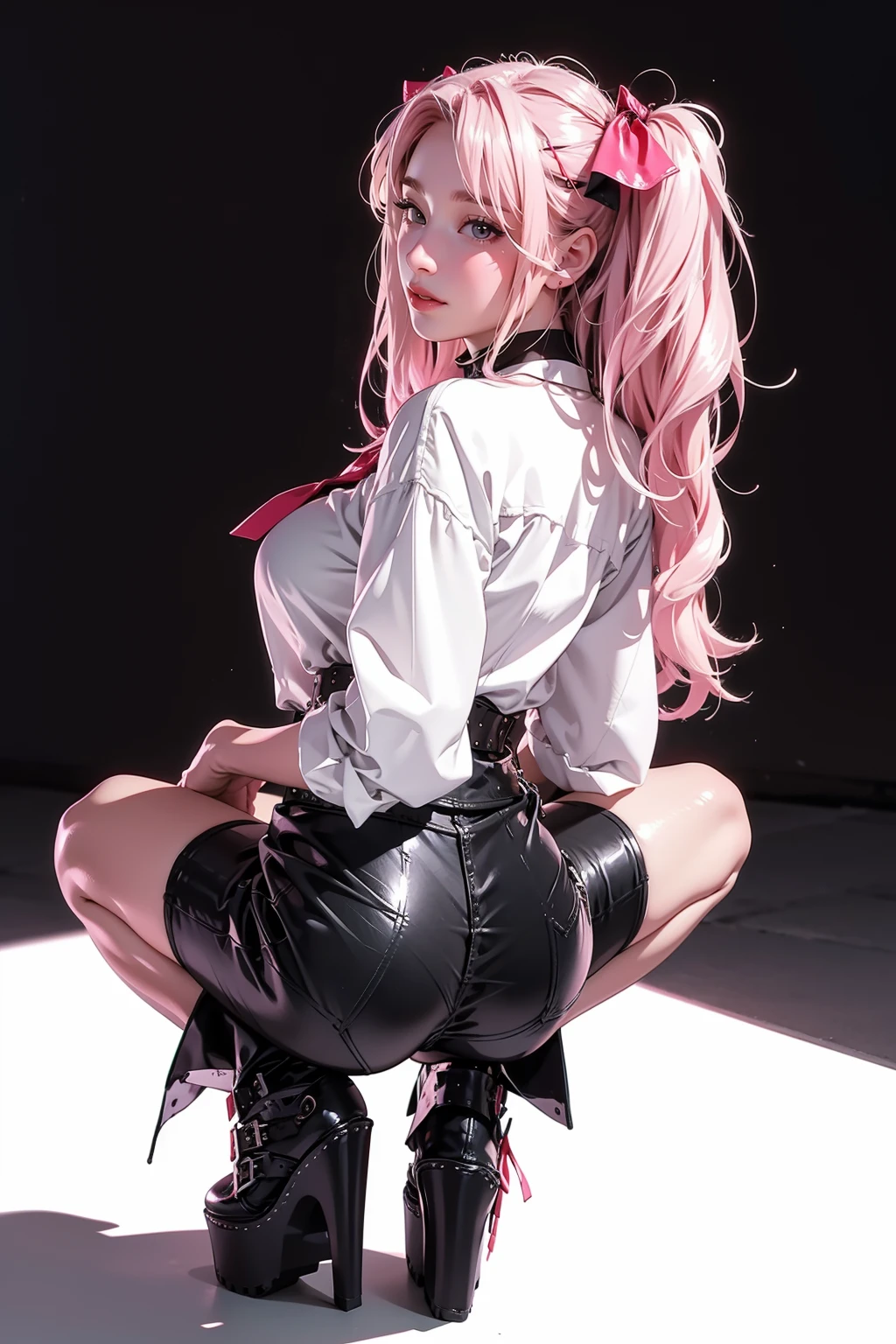 1girl,solo,medium breasts,outdoors,<lora:GoodHands-beta2:1>,squatting cowgirl position,(full body:1.2),(thigh gap:1.2),(masterpiece, best quality, hires, high resolution:1.2), (extremely detailed, realistic, intricate details, highres), 3d, cg,  bbw, shiny skin, , blush,, eyeliner, eyeshadow, eyelashes,, (gigantic breasts, saggy breasts:1.1), (cinematic lighting, sunlight, volumetric), looking at viewer, simple Brunette background, vintage fantasy, 1960s \(style\), film grain, <lora:0192 Nikke Uni_v1:0.9> ruanyi0192,belt,black choker,black shorts,hair ornament,harness,platform footwear,single leg pantyhose,thigh strap,pink necktie,pink ribbon,thighhighs,white shirt