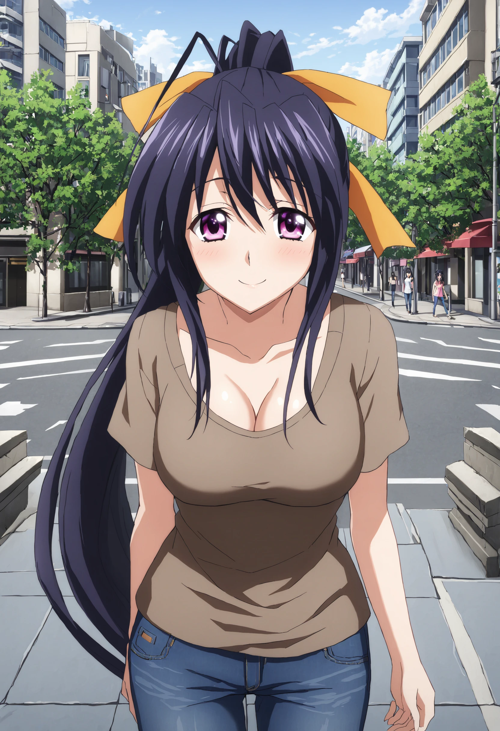 sysdeep_akeno, 1girl, solo, long_hair, smile, large_breasts, red shirt, black_hair, big cleavage, medium_breasts, very_long_hair, purple_eyes, collarbone, orange hair_ribbon, ponytail, sexy green cheerleader uniform, street, city, sexy look, blushing, seductive eyes, showing grabbing