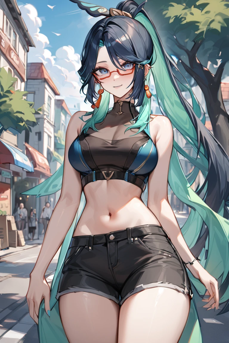 masterpiece, best quality, ultra detailed, BREAK
1girl, solo, female, xianyunexp, blue eyes, multicolored hair, ponytail, hair ornament, glasses, earrings,
crop top, sleeveless, navel, shorts, thighs, outdoors, buildings, street, trees,, light smile, outdoors, looking at viewer, cowboy shot, colorful, vivid, <lora:Xianyun_XL-000008:0.8>