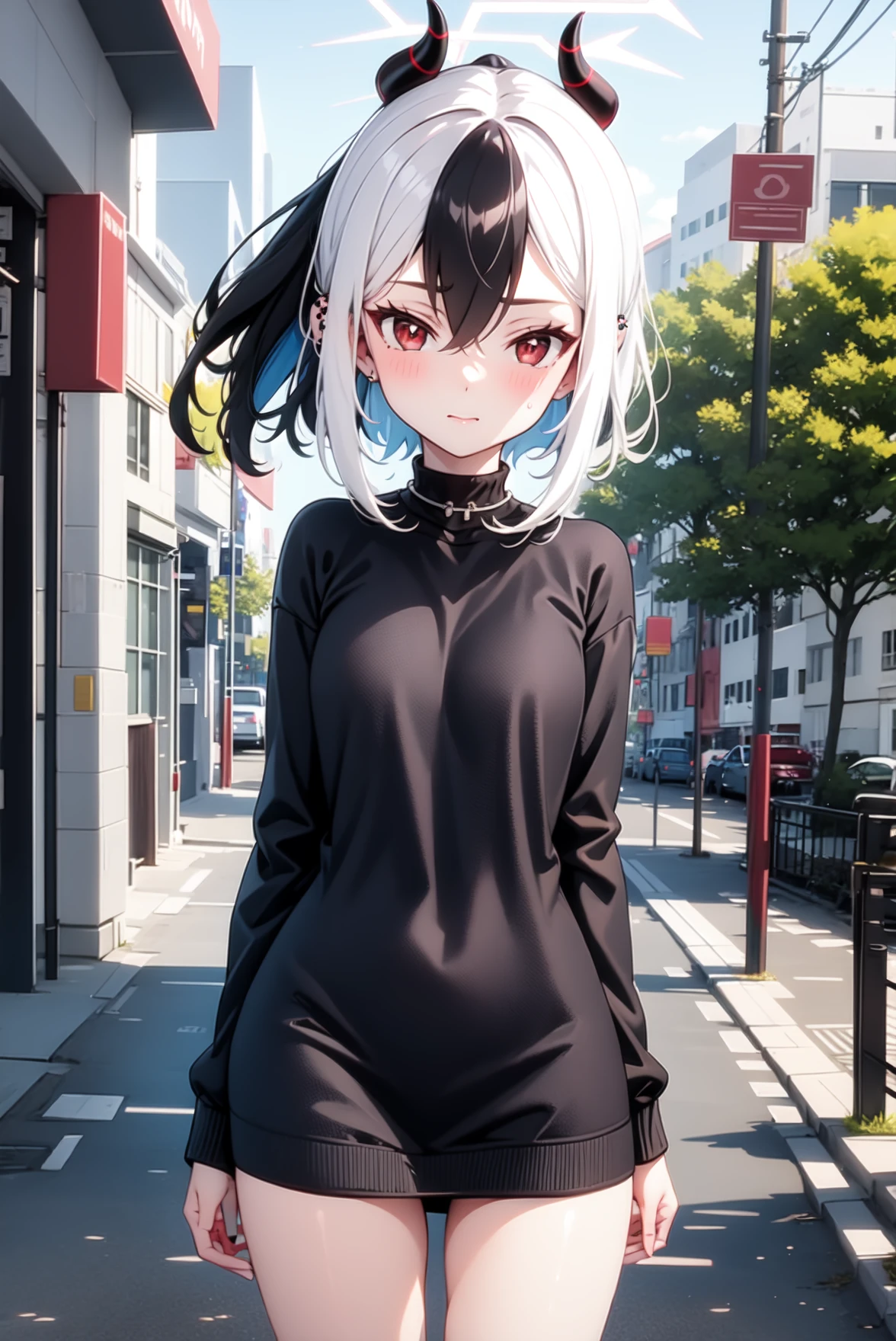 1girl, solo, (masterpiece, best quality), outdoors, street, blush, thighs, low wings, single wing, sweater dress, turtleneck, ribbed sweater, kayoko, red eyes, black hair, white hair, hair between eyes, multicolored hair, two-tone hair, black ponytail, ear piercing, demon horns, halo, horns, wings, two-tone hair, choker