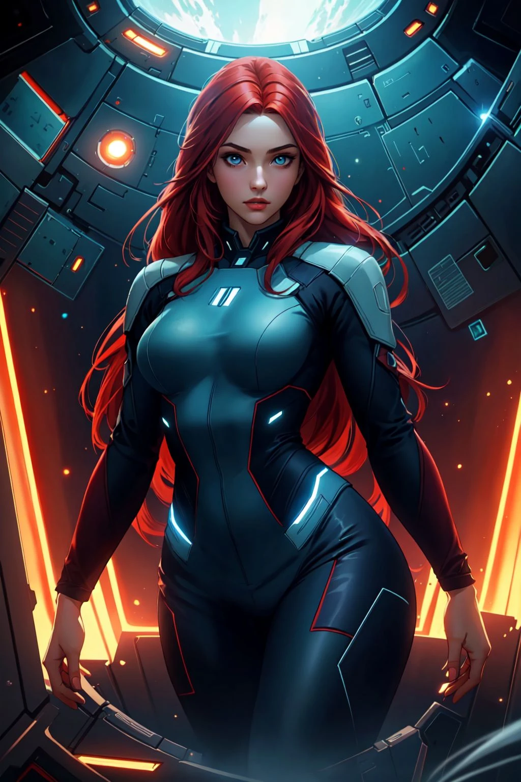 masterpiece, best quality, 8k, artstation, sharp focus, ultra realistic, high details,  tight outfit, zero gravity, (long red hair flowing), perfect face, perfect eyes, medium breasts, inside spaceship, volumetric lighting, depth of field, cinematic lighting, medium shot, (good anatomy), face focus,