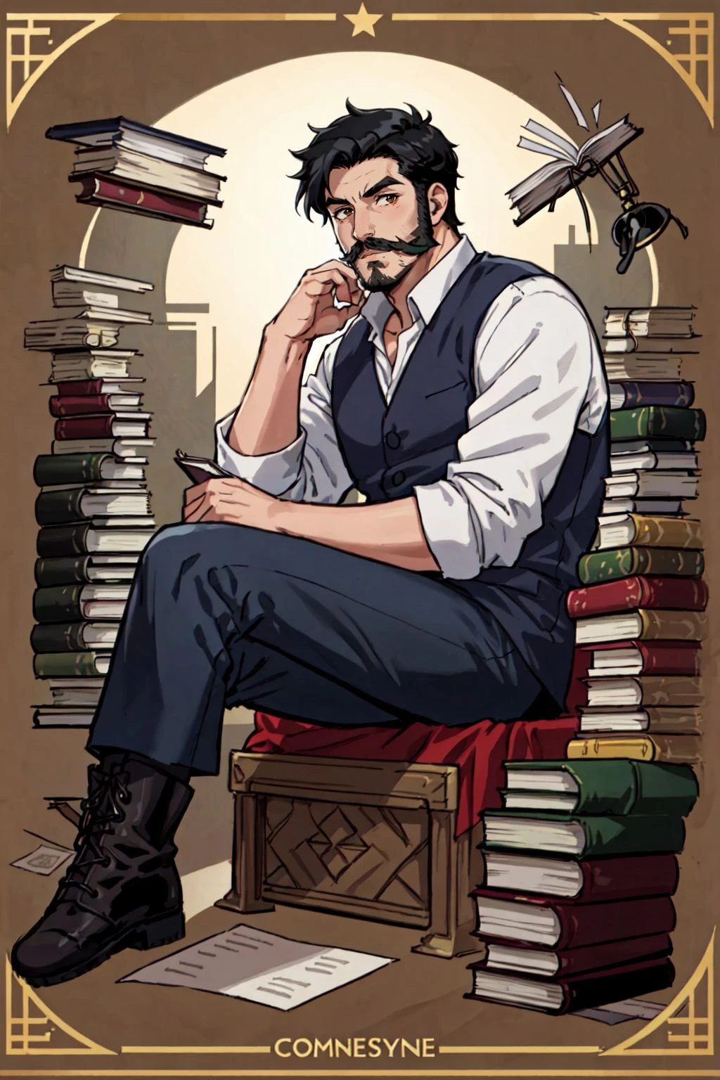 Comistyle, 1boy, black hair, book, book stack, boots, facial hair, hand on own chin, male focus, mustache, open book, paper, scroll, sitting, solo, masterpiece, best quality , official art , <lora:ComiDusk:0.8>