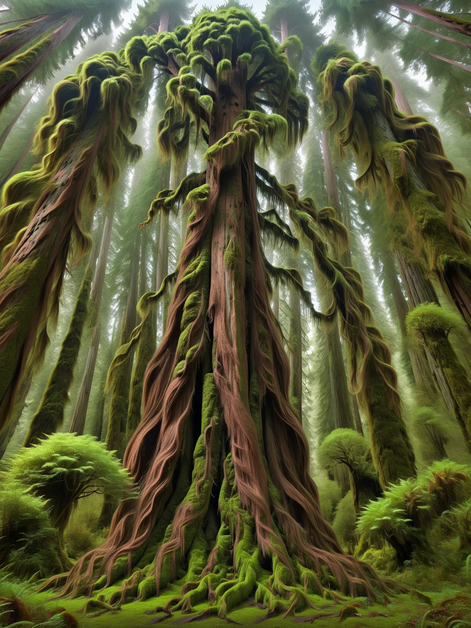 A towering Redwood tree with long, moss-covered ais-hairz branches reaching towards the sky <lora:Hairy_Style_SDXL:1>