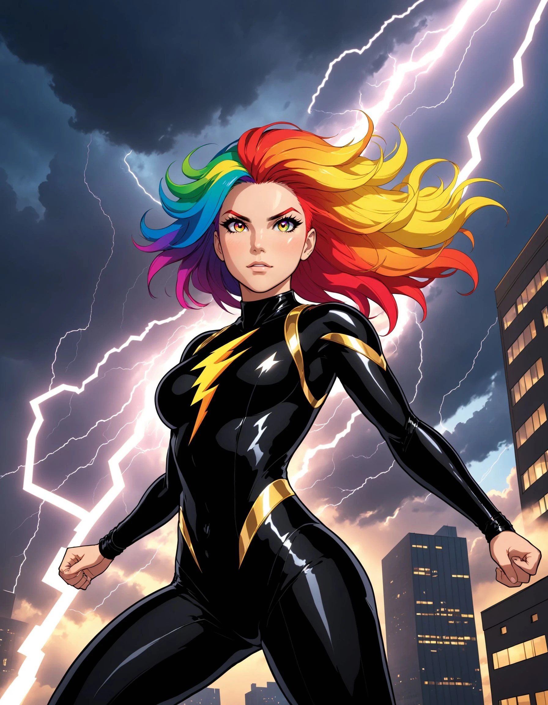 1girl, solo, looking at viewer, black body suit, lightning bolt symbol, flying through the sky, fight pose, thunderstorm, gold eyes, makeup, rainbow hair, multicolored hair, gradient hair, outdoors, city, sky, clouds, very detailed, high resolution, sharp, sharp image, extreme light and shadow, depth of field, side lighting, rim lighting, cinematic lighting, cinematic angle, masterpiece, best quality