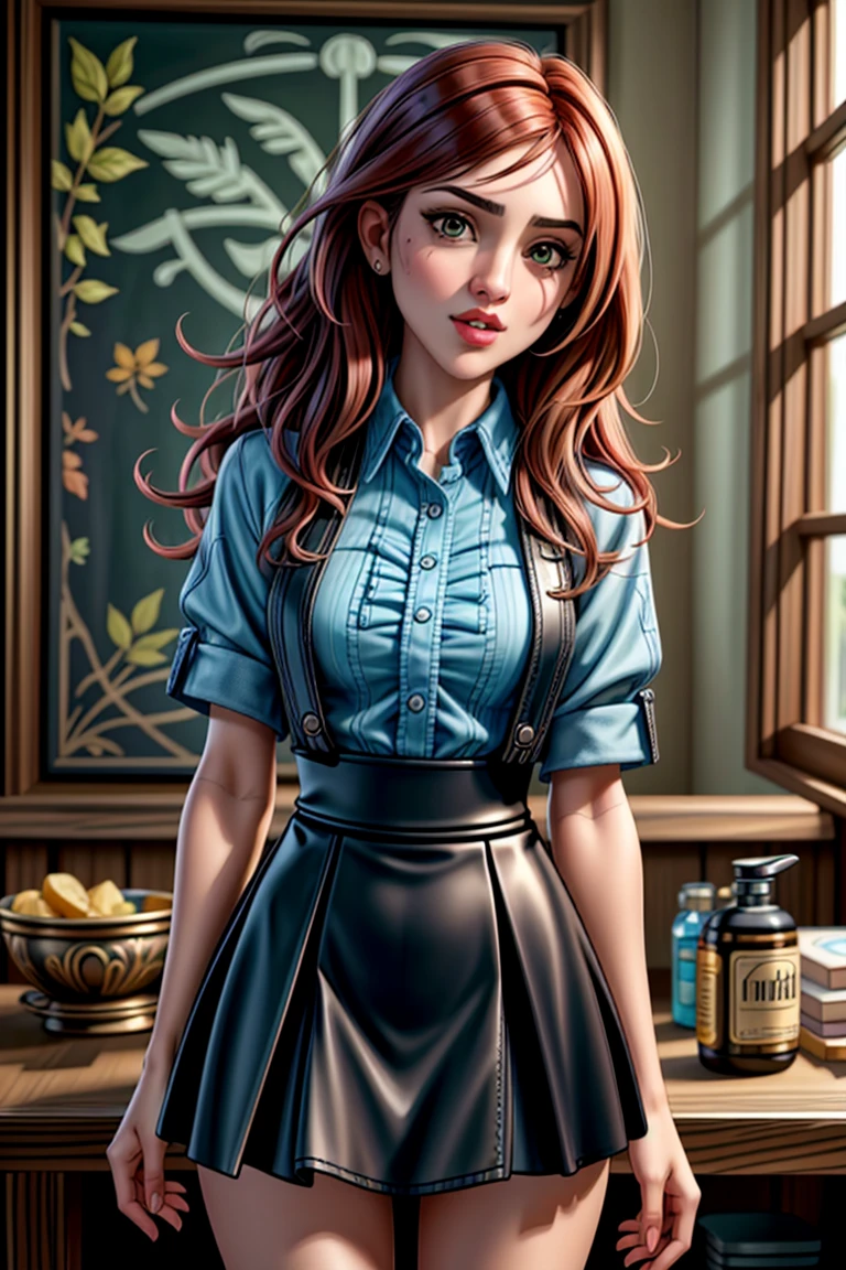 Cute little Isabelmoner-SMF, Dora with black hair in a plaid dress, Hyper-realistic, insanely detailed, Gaston Bussière's style --ar 3:4 --s 750