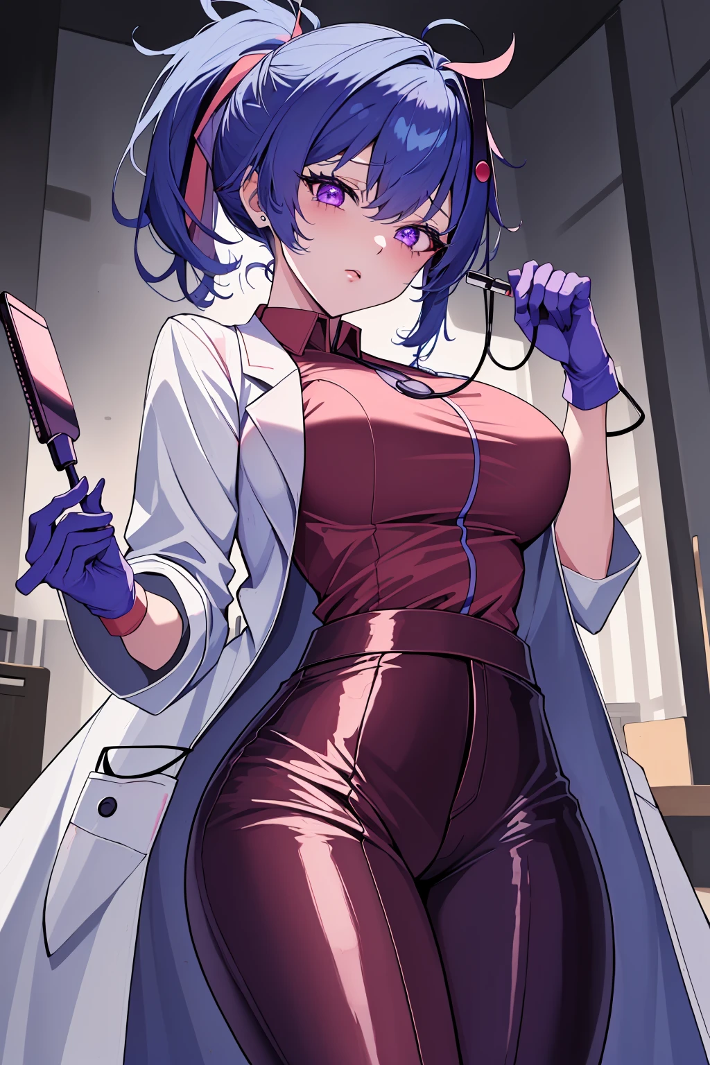 ((masterpiece, best quality, high quality)),1girl,<lora:infirmary_v0.1:0.5> (infirmary),<lora:brwn_doctor_uniform:0.8> (bwn_doc_unif, blue gloves, pink shirt, labcoat, stethoscope,latex pants), <lora:Valerie Kato:0.7> (valerie kato, ocg:0002, 1girl, blue hair, bangs, purple eyes, nail polish, red nails, folded ponytail, large breasts),