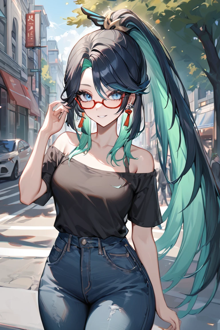 masterpiece, best quality, ultra detailed, BREAK 
1girl, solo, female, xianyunexp, blue eyes, multicolored hair, ponytail, hair ornament, glasses, earrings, 
tshirt, off shoulder, bare shoulders, jeans, fashionable, outdoors, buildings, street, trees,, light smile, outdoors, looking at viewer, cowboy shot, colorful, vivid, <lora:Xianyun_XL-000008:0.8>