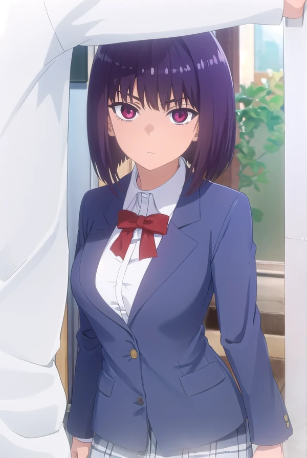 hanasunomiya, <lora:hana sunomiya s2-lora-nochekaiser:1>,
hana sunomiya, short hair, (red eyes:1.3), purple hair, bangs,
BREAK shirt, bow, school uniform, white shirt, collared shirt, bowtie, red bow, red bowtie, blazer, jacket,
BREAK outdoors,
BREAK looking at viewer, (cowboy shot:1.5),
BREAK <lyco:GoodHands-beta2:1>, (masterpiece:1.2), best quality, high resolution, unity 8k wallpaper, (illustration:0.8), (beautiful detailed eyes:1.6), extremely detailed face, perfect lighting, extremely detailed CG, (perfect hands, perfect anatomy),