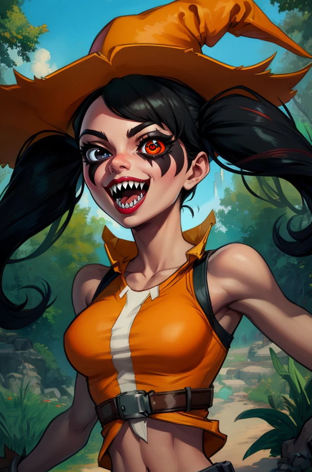 orendi,heterochromia,black hair,twintails,black eye,red eye,toned,
sleeveless,orange attire,dark arms,black arms,orange hat,
open mouth,sharp teeth,midriff,tongue,
smile,teeth,
upper body,upper body,standing,
outdoors,
(insanely detailed, beautiful detailed face, masterpiece, best quality),<lora:orendi102:0.8>,