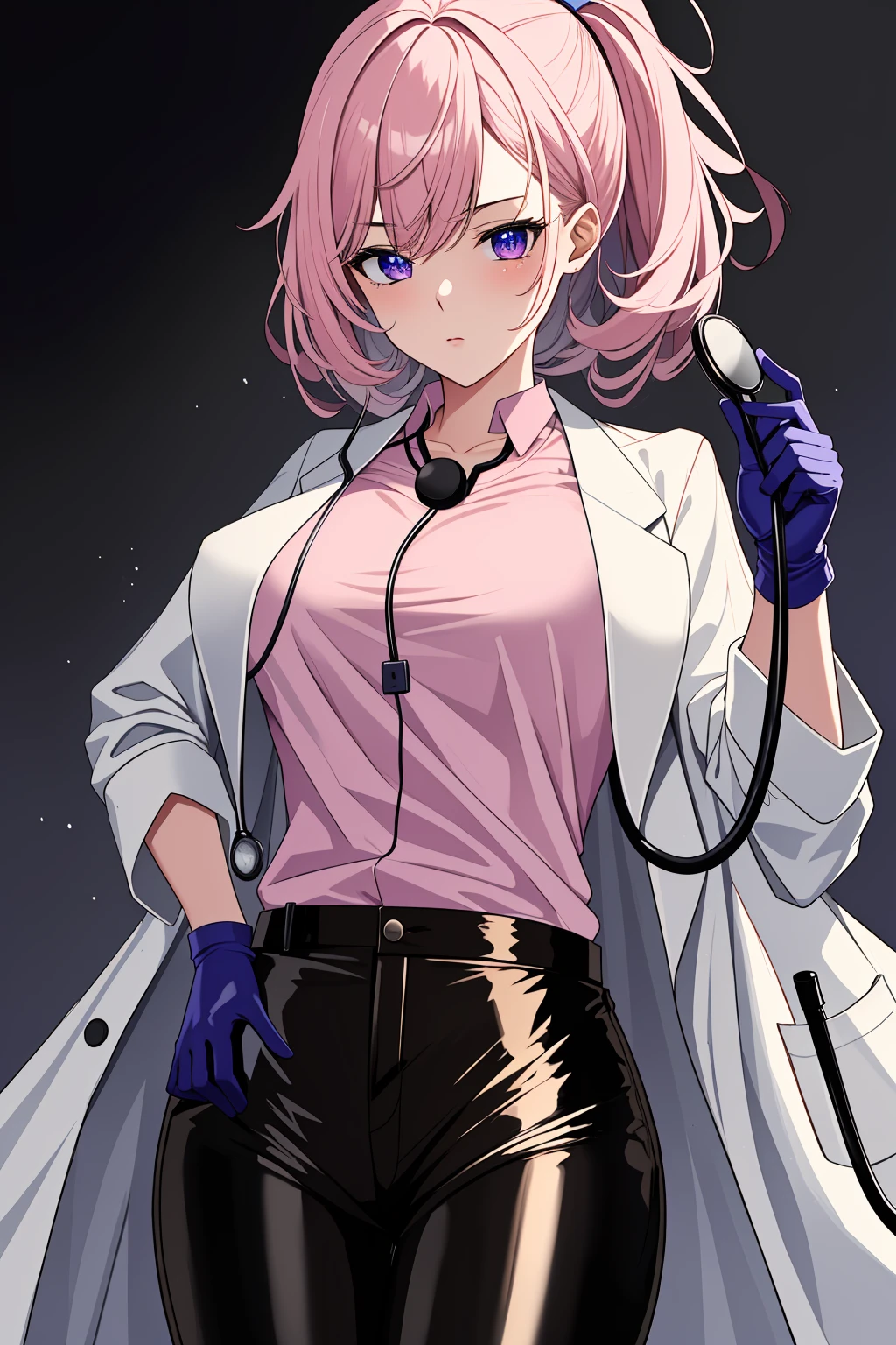 ((masterpiece, best quality, high quality)),1girl,(sweater, trousers), <lora:brwn_doctor_uniform:0.8> (bwn_doc_unif, blue gloves, pink shirt, labcoat, stethoscope,latex pants),