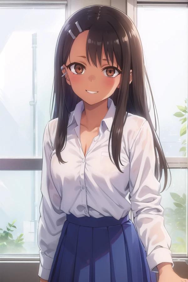 hayasenagatoro, <lora:hayase nagatoro s1s2-lora-nochekaiser:1>,
hayase nagatoro, long hair, bangs, black hair, hair ornament, (brown eyes:1.5), (hairclip:1.2), fang, dark skin, dark-skinned female, tan, smile, grin,
BREAK skirt, shirt, school uniform, white shirt, pleated skirt, nail polish, blue skirt, red nails, earclip,
BREAK indoors, classroom,
BREAK looking at viewer, (cowboy shot:1.5),
BREAK <lyco:GoodHands-beta2:1>, (masterpiece:1.2), best quality, high resolution, unity 8k wallpaper, (illustration:0.8), (beautiful detailed eyes:1.6), extremely detailed face, perfect lighting, extremely detailed CG, (perfect hands, perfect anatomy),