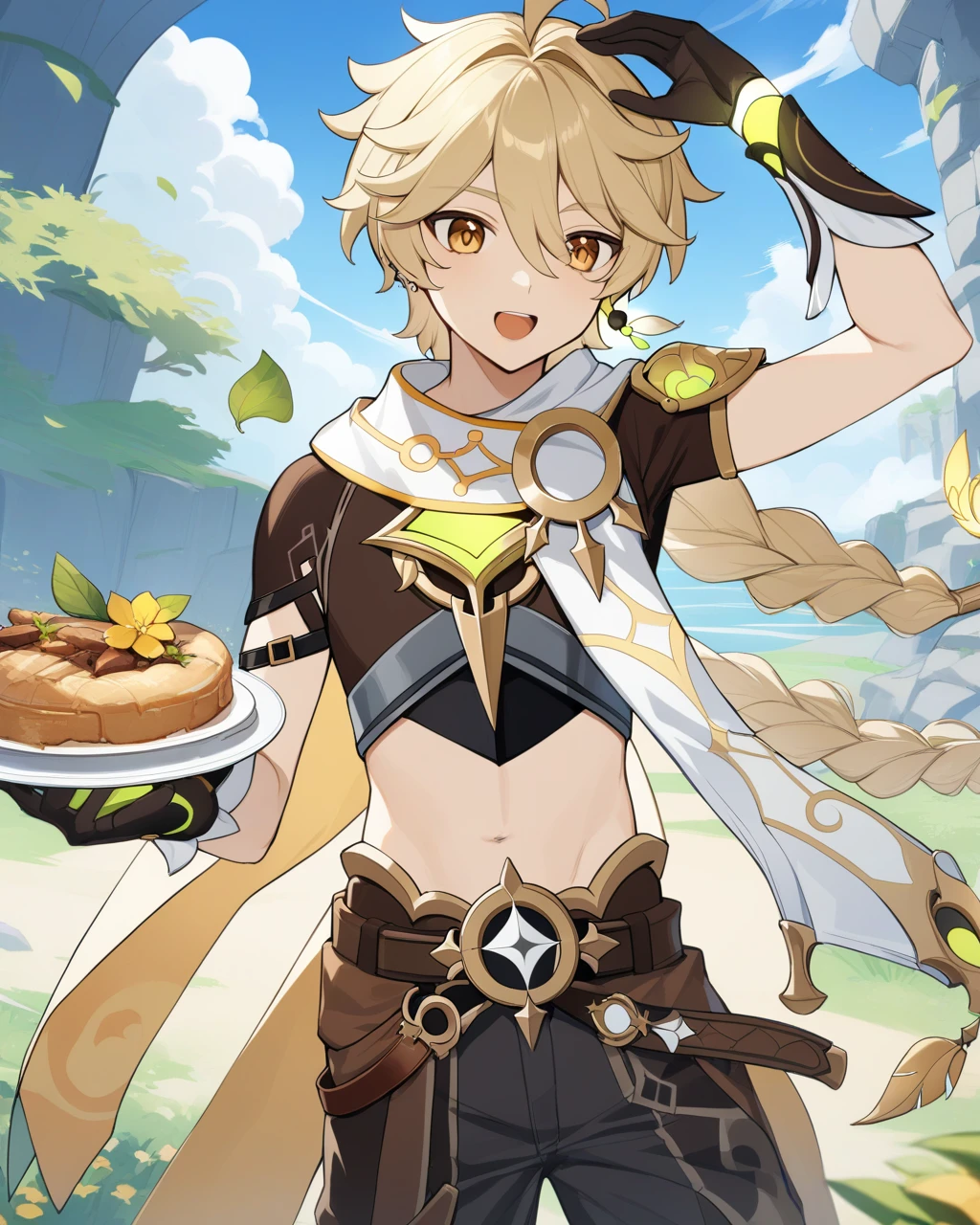 masterpiece,best quality,<lora:aether:1>,aether \(genshin impact\), male focus, gloves, holding, 1boy, outdoors, open mouth, sky, food, black gloves, holding plate, day, plate, jewelry, pants, earrings, shading eyes, leaf, cloud, solo, single earring, short sleeves, yellow flower, midriff, flower, cape, hair over one eye