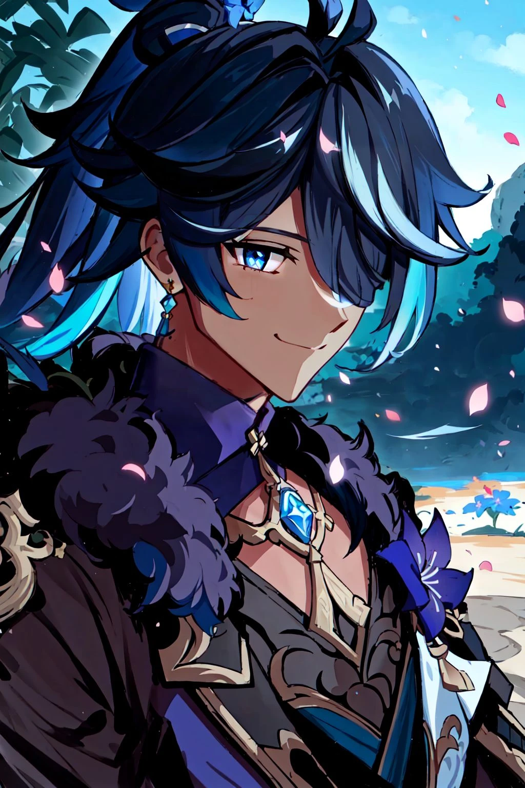 1boy, Genshin Impact, Kaeya, Hoyoearth, solo, long hair, looking at viewer, smile, bangs, blue eyes, gloves, long sleeves, holding, hair between eyes, jewelry, blue hair, jacket, upper body, ponytail, flower, male focus, multicolored hair, earrings, black gloves, dark skin, streaked hair, fur trim, petals, eyepatch, dark-skinned male, antenna hair, white flower, hair over shoulder, single earring, bouquet, very detailed, cinematic angle, outdoors, ultra sharp, rembrandt lighting, side lighting, cinematic shading, cinematic lighting, foreshortening, detailed background, Hoyoverse, masterpiece, best quality , official art , <lora:hoyoverse_SD15:0.8>