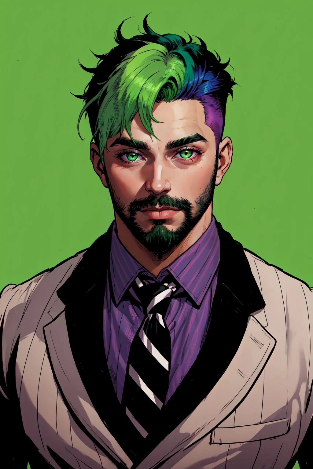 (masterpiece, best quality, ultra-detailed, highres, best illustration), Slime Tutorial, Beetlejuice, Beetlejuice, Beetlejuice, Alex Brightman As Beetlejuice, 1boy, male focus, heart shaped face, jewish heritage, solo, solo focus, heterochromia, purple eyes, green eyes, facial hair, stubble, beard, gradient hair, ombre hair, multicolored hair, dyed bangs, green hair, neon green hair, lime green hair, faux hawk, short hair, formal, prison clothes, white and black striped suit, black shirt, green necktie, extremely detailed, by Jack Kirby, Adam Hughes and Terry Dodson, in the style of Beetlejuice, ink hatching, art by jim lee and joemad, detailed background, inked lines, ultra sharp, extremely detailed, detailed eyes, detailed face, looking at viewer, simple background, black background