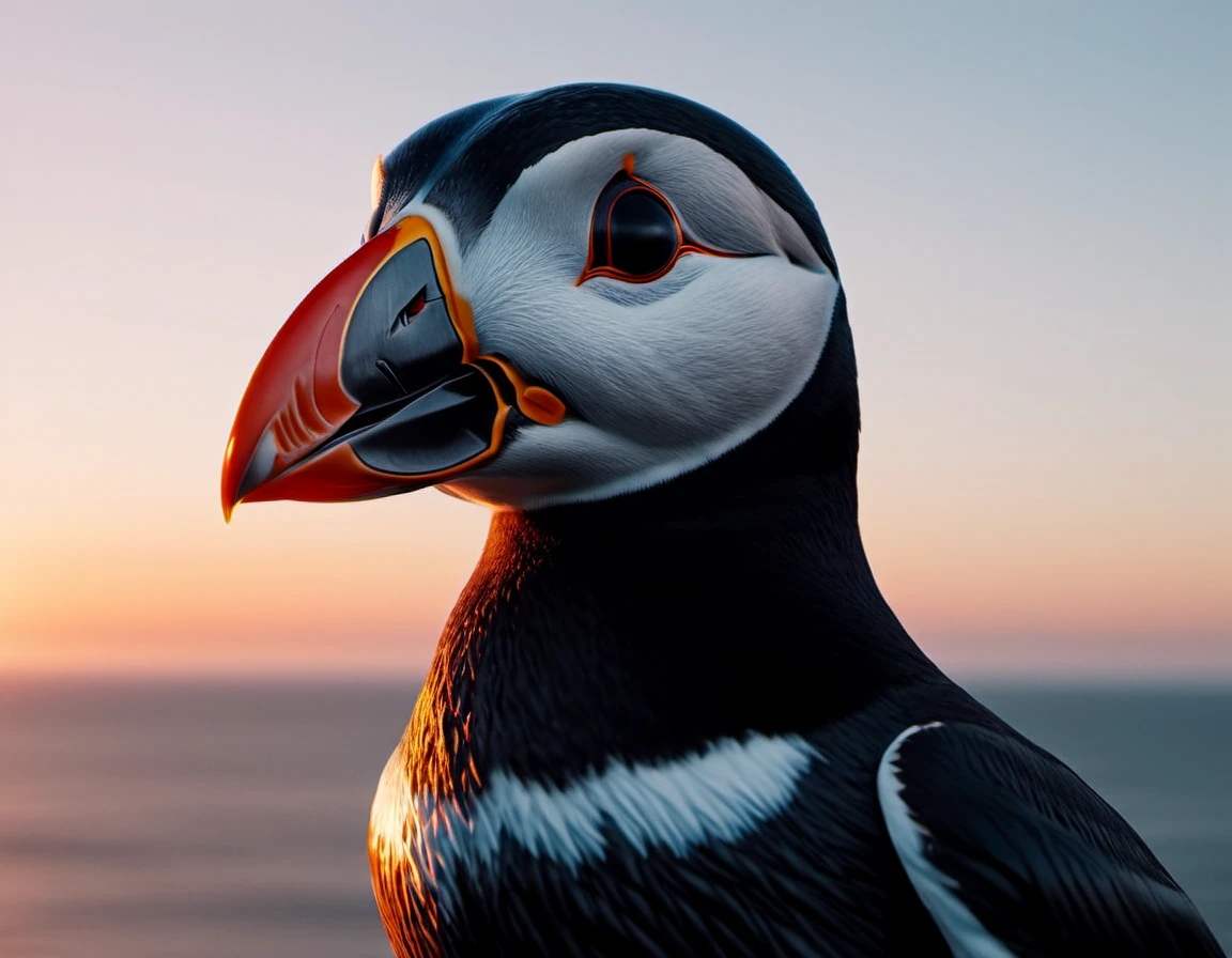 ObsidianCarbonBlack, Cinematic still, angle from below of a Ugly Puffin, at Sunset, in focus, Anime screencap, Futurism, extremely hyper aesthetic, Unsplash, symbolism art by Edvard Munch, dramatic