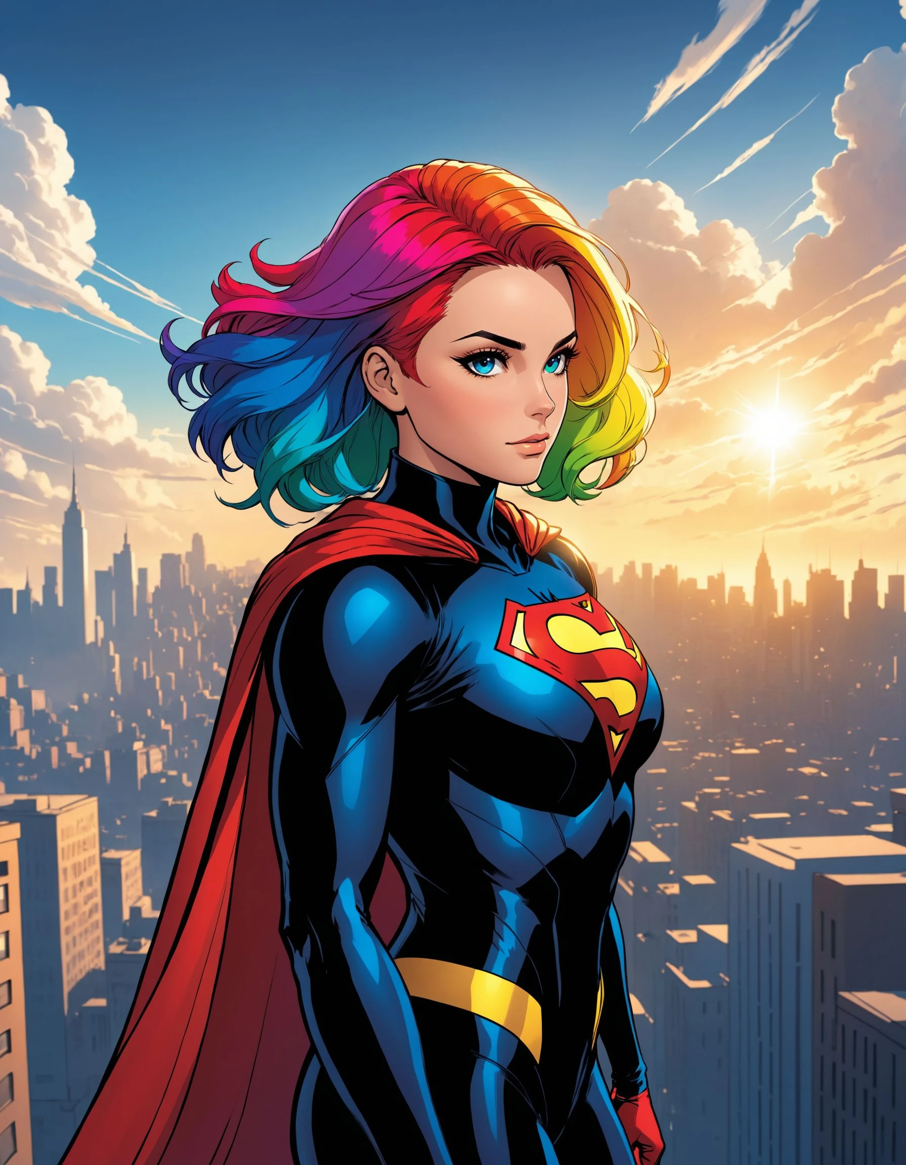 1girl, solo, looking at viewer, body suit, superhero style, rainbow hair, multicolored hair, gradient hair, cape, outdoors, city, sky, clouds, comic book style, very detailed, high resolution, sharp, sharp image, extreme light and shadow, depth of field, side lighting, rim lighting, cinematic lighting, cinematic angle, masterpiece, best quality