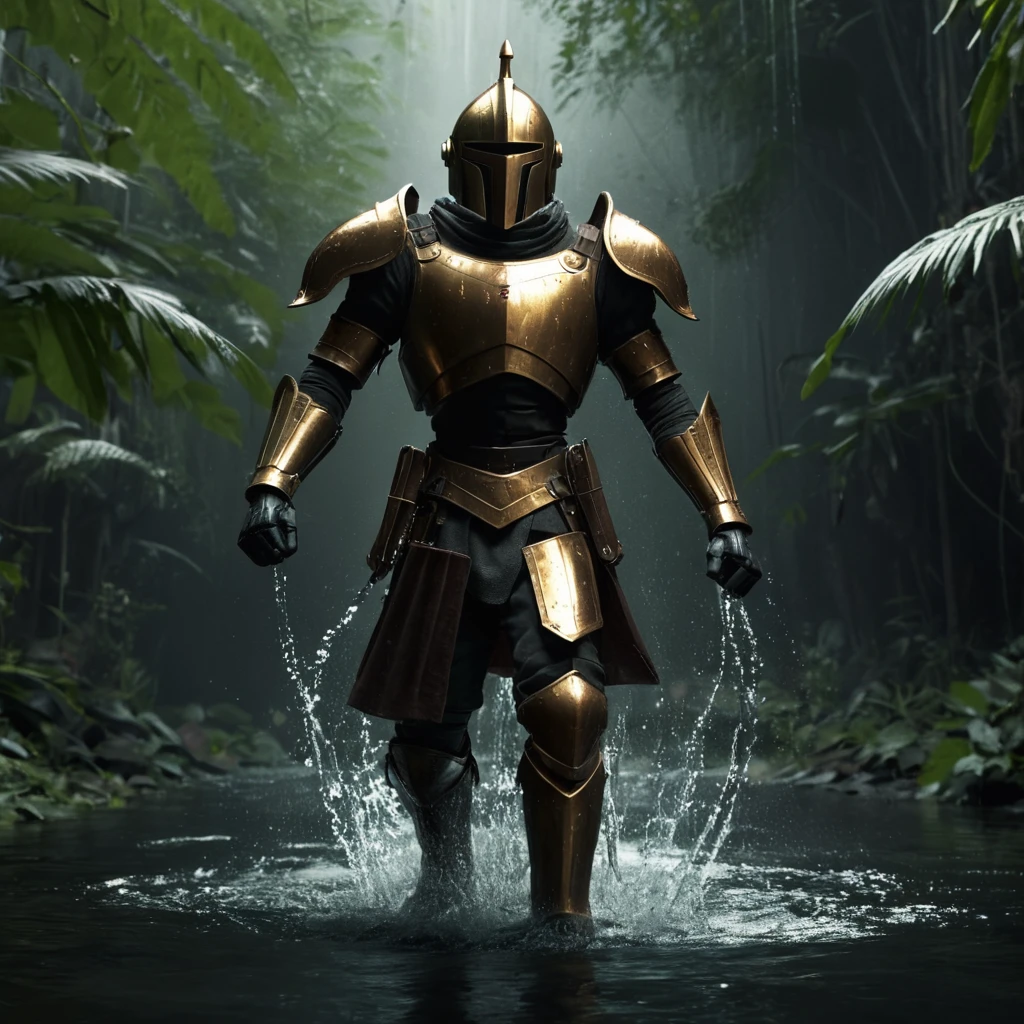 professional 3d model of <lora:LoDe+Ro style:1>
a man in a gold knight armor middle ages outfit splashes water,black hair,holding,weapon,outdoors,multiple boys,sword,holding weapon,armor,holding sword,helmet,shoulder armor,gauntlets,running,breastplate,battle,full armor,LoDe+Robots Style,Love Death + Robots style,Love,Death & Robots style,animated,horror,dark,black,apocalyptic,dystopian,domination,high angle,from above,looking up,medieval soldier,Middle Ages,river,jungle,army , dramatic light, cyberpunk, LoDe+Ro style, octane render, highly detailed, volumetric, dramatic lighting