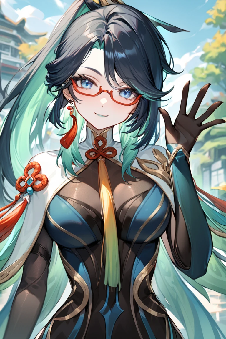 masterpiece, best quality, ultra detailed, BREAK 
1girl, solo, female, xianyunexp, blue eyes, multicolored hair, ponytail, hair ornament, glasses,
 chinese clothes, bodysuit, jewelry, earrings, black gloves, tassel, saying hi, waving hand, upper body, light smile, outdoors, looking at viewer, cowboy shot, colorful, vivid, <lora:Xianyun_XL-000008:0.8>