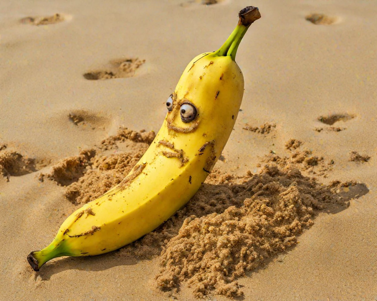 A banana FaVGoneBad on the sandy beach floor <lora:Fruits_and_Vegetables_gone_bad_-_SDXL_LoRA:0.8>