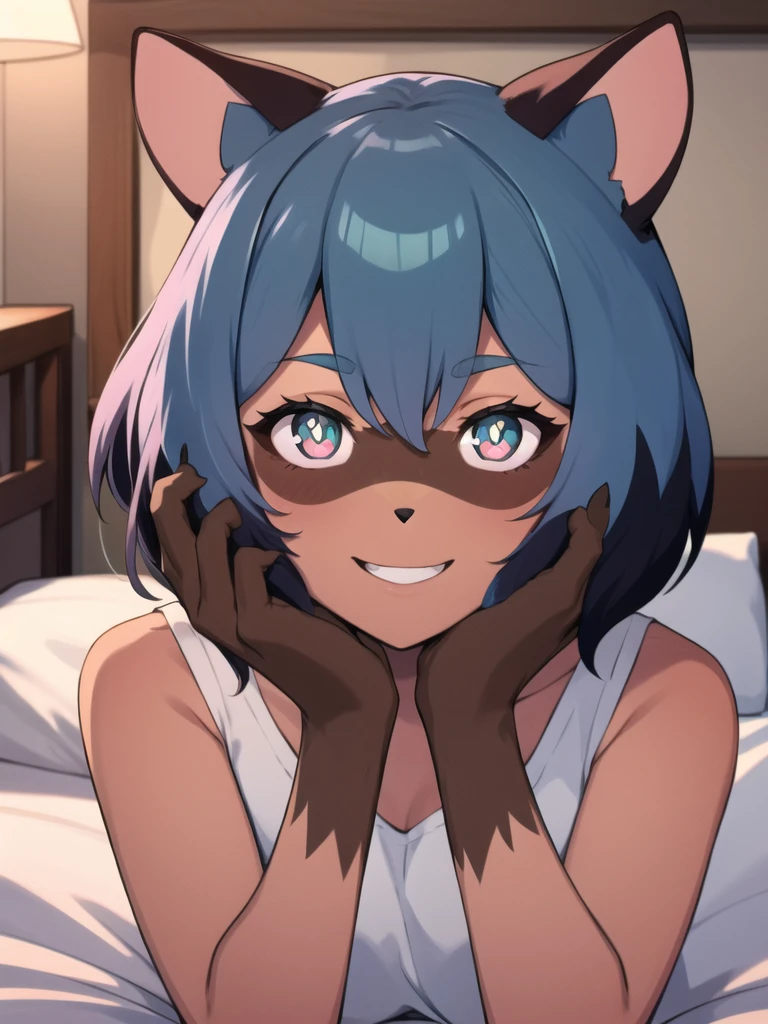 1 girl, raccoon girl, solo, furry,furry female, michiru_kagemori, blue hair,short hair, multicolored eyes, animal nose,triangle shaped nose, animal ears, (tail), [bushy tail], two tone skin, brown colored hands,(high quality, masterpiece, best quality), happy, looking at viewer, bed <lora:MichiruV2.1:0.9>