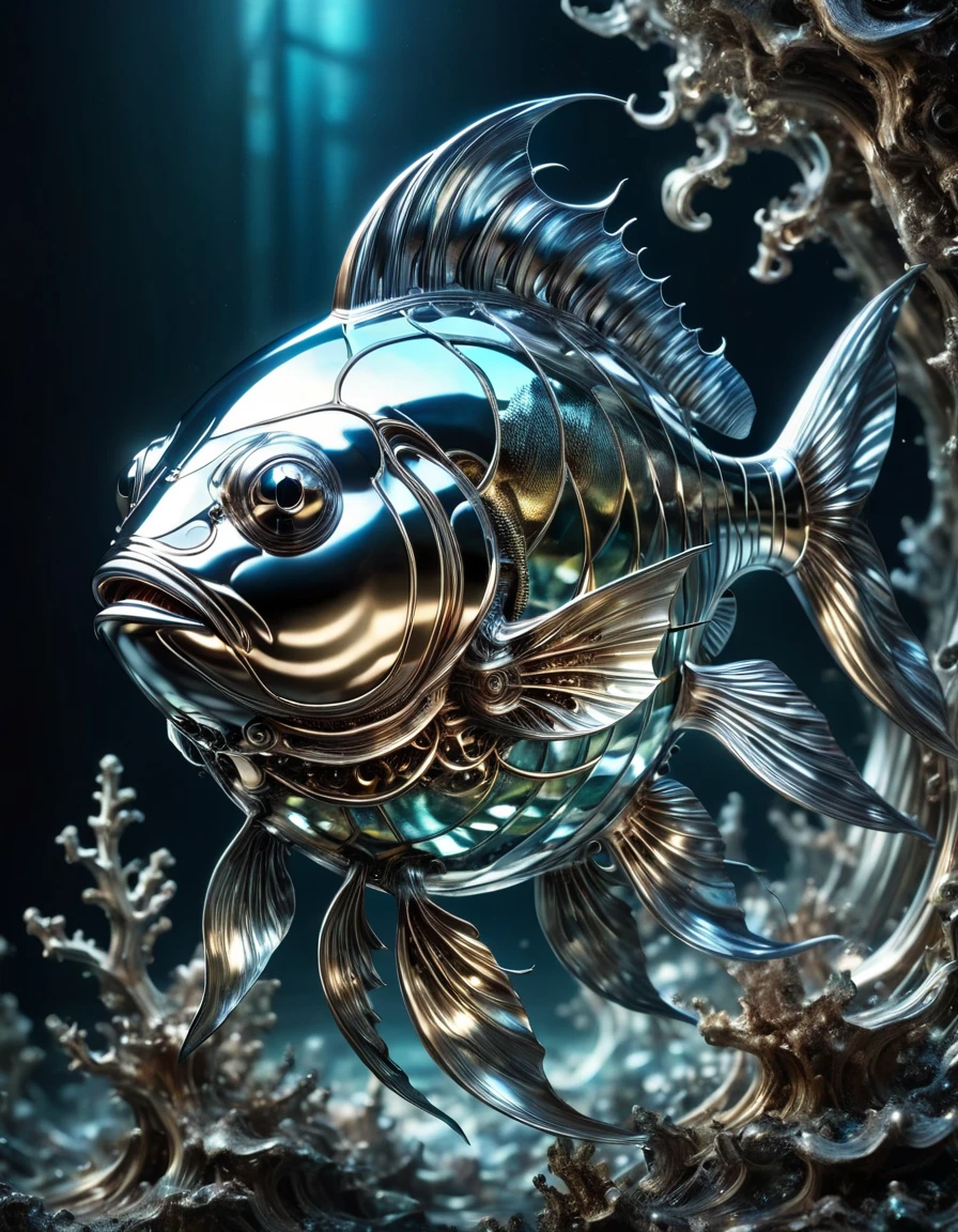 translucent fish made out of stained glass and pyrite, fantasy concept art, deep sea scenery, fractal cracked surface, artistic (double exposure by Dan Mountford:1.1), (mixed styles by Alberto Seveso and Gediminas Pranckevicius and Wadim Kashin:1.1), breathtaking intricate details, bokeh, dramatic natural lighting, reflective catchlights, cinematic, brilliant, sharp focus, fantastical and mysterious, maximalist masterwork by head of prompt engineering, made out of ral-polishedsteel <lora:ral-polishedsteel:1>