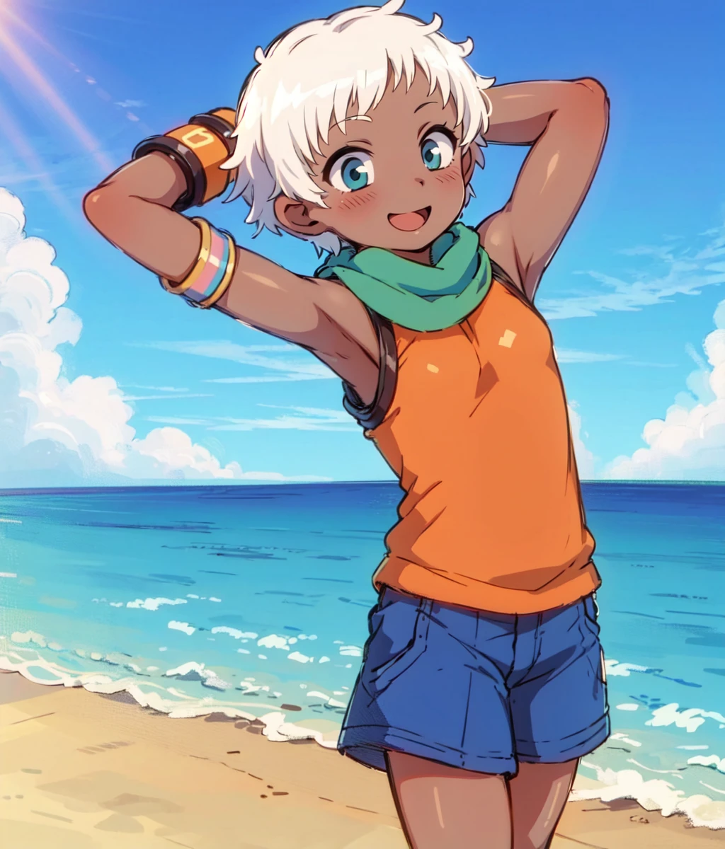 masterpiece, <lora:LisaVanetta002:0.7> <lora:add_detail:0.5>, <lora:noline:0.3>, <lora:boldline:-0.3>, LisaVanetta, 1girl, blonde hair, short hair, brown eyes, dark skin, swimming pool, small breasts, playing, laughing, (splashing:1.3) water