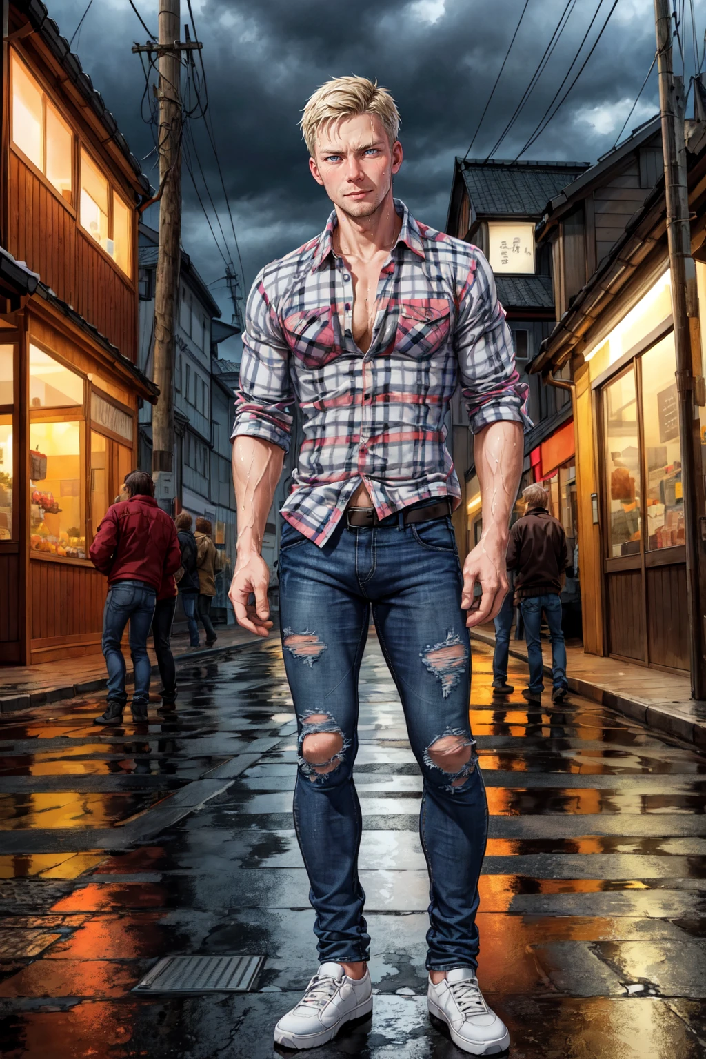 1boy, (a gorgeous Norweigan man posing in a flannel shirt and tight jeans), immersed in a mosaic of everyday scenes from around the world, depicting diverse landscapes, people, and activities, stormy sky, wet streets