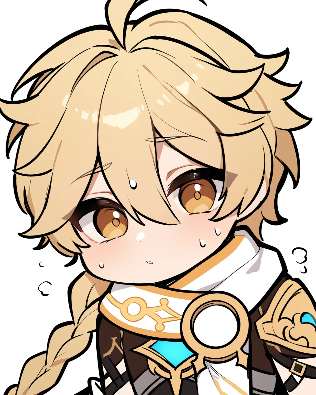 masterpiece,best quality,<lora:aether:1>,1boy, aether \(genshin impact\), male focus, chibi, sweat, solo, simple background, white background, scarf, white scarf
