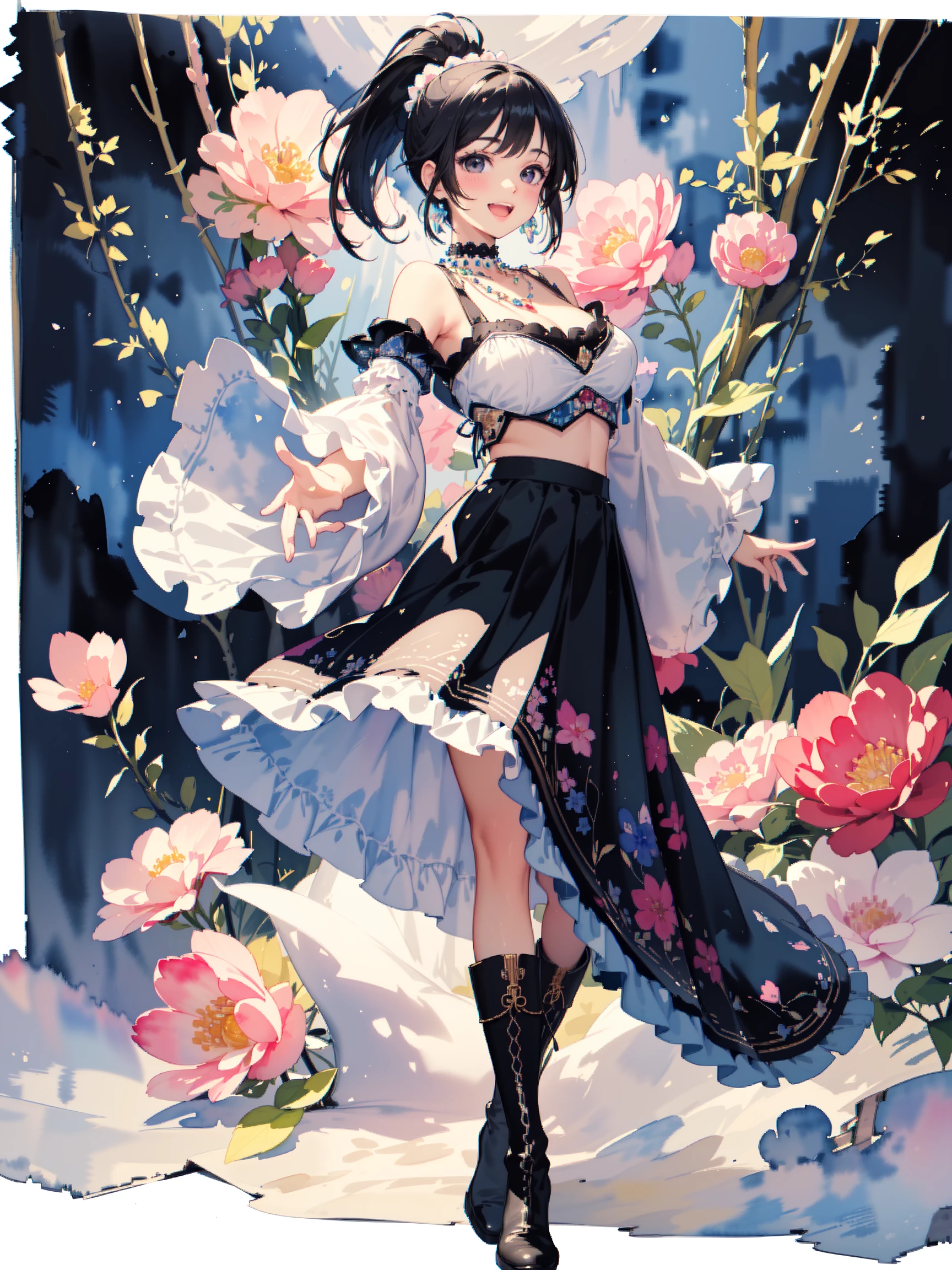((extremely detailed illustration)), highres, ((extremely detailed and beautiful background)), (professional illustrasion), (official art), ((Ultra-precise depiction)), ((Ultra-detailed depiction)), (beautiful:1.2 and aesthetic:1.2), beautiful detailed, intricate:1.1, nice hands, perfect hands,
(young girl), ((kawaii)), (highly detailed beautiful face and eyes, big breasts, firm breasts), oily skin, ((black hair)), ((black eyes)), ((bob with (short ponytail hair))), thin pubic hair, cute lovely, (cheerful disposition), smile, open mouth,
Flowy floral print maxi skirt paired with a crochet crop top. Skirt features vibrant bohemian patterns with tiered ruffles. The crop top has intricate crochet work and bell sleeves. Accessorized with layered beaded necklaces and suede ankle boots., absurdres, incredibly absurdres, kaleidoscopic world, bloom light, ((pastel)), Transparent, ((Transparent watercolor)), simple background,