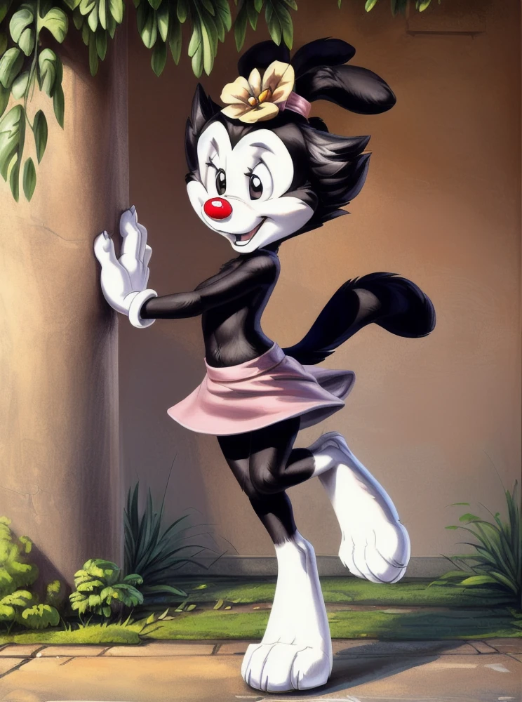 ((solo)) (<lora:DotW_2:1>, dotw, girl, black body, black head, white cheeks, white legs, black ears, mouth open, black tail, white eyelids, black eyes, Red nose, white gloves, yellow flower on head, pink elastic band on ears, pink skirt, standing on one leg, rejoices), best quality, shaded, extreme detail, highly detailed, ultradetailed, intricate, realistic, detailed background, hi res, realistic, photography \(artwork\), (by kenket), by ross tran, by michael & inessa garmash, by pino daeni, by isvoc, by kiguri, by alena aenami, by ruan jia, (by zenthetiger, by wolfy-nail), by Enki Bilal, by drmax, photorealism, <lora:add_detail:1>