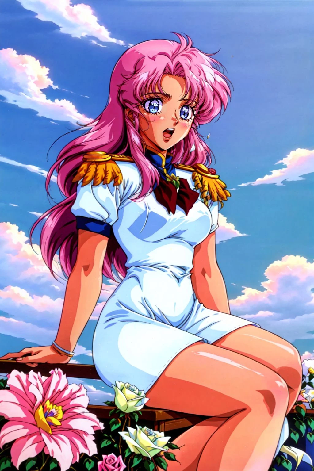 RetroAnime Style, 1girl, solo, long hair, open mouth, blue eyes, sitting, school uniform, pink hair, flower, sky, day, cloud, rose, white flower, epaulettes, retro artstyle, white rose, 1990s (style), aiguillette, anime coloring, retro artstyle, masterpiece, best quality , official art , <lora:RetroAnime:1>