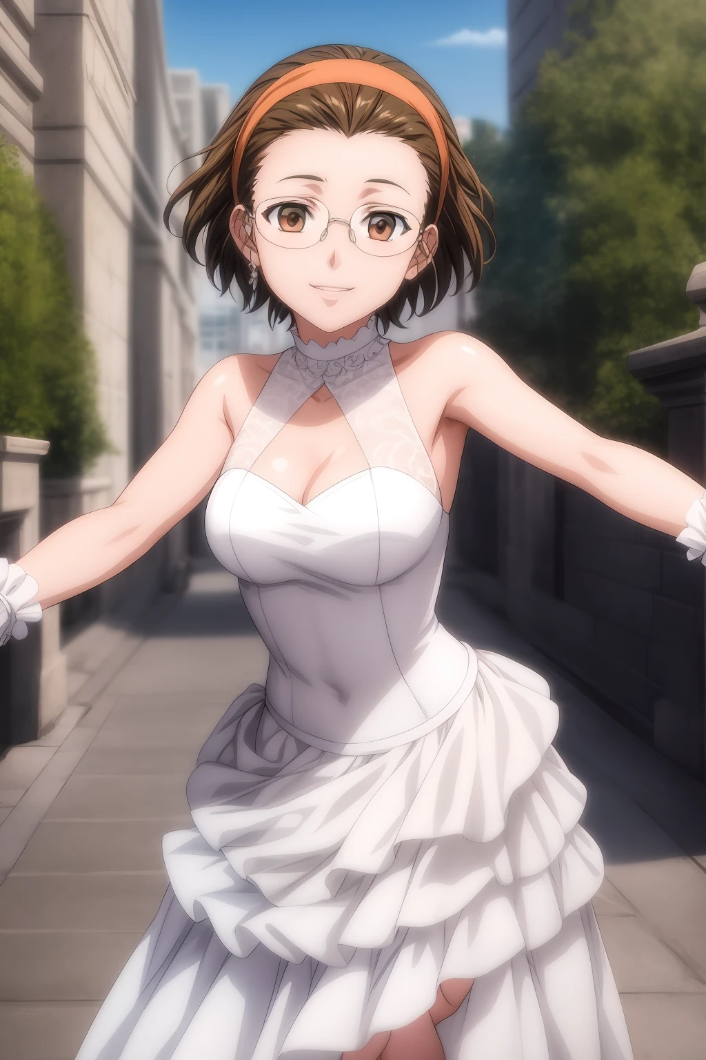 (cowboy shot), (masterpiece), (best quality:1.0), (ultra highres:1.0), highly detailed face and eyes,
BREAK
<lora:Tashigi:0.8> Tashigi, black hair, short hair, glasses, embarrassed, hand on railing
<lora:sexy_wedding_short_dress:0.4> swsd, white dress, veil, embroidery
BREAK
stairs, chandelier, gorgeous view