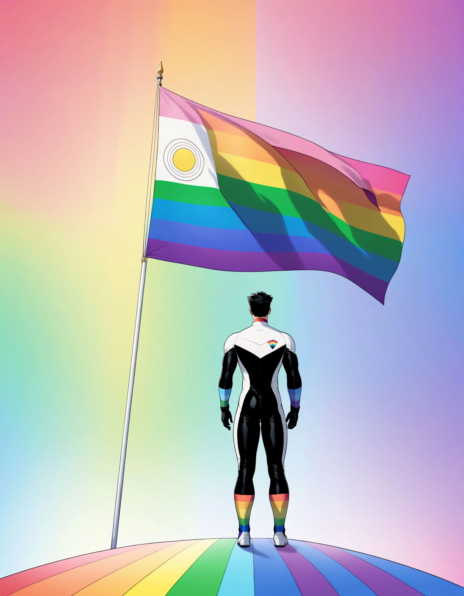 Pride Comics Style, solo, gloves, 1boy, holding, full body, male focus, bodysuit, multicolored clothes, multicolored background, rainbow, colorful, multicolored bodysuit, rainbow gradient,, holding flag, pastel colors, transgender flag, pride flag, rainbow colors, traditional media, cinematic angle, cinematic lighting, foreshortening, depth of field, detailed background, masterpiece, best quality , official art , <lora:PrideComicsSDXLTEST:0.8>
