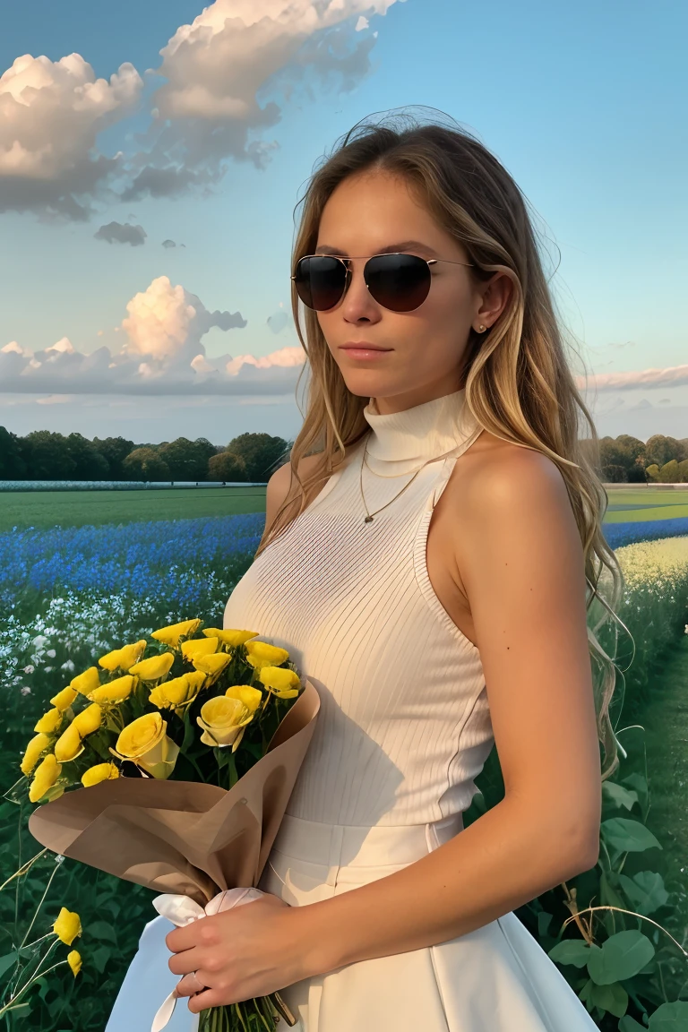 (masterpiece:1.3),(best quality:1.3),8k, highestres, absurdres, perfect composition, delicate, realistic proportions, ultra sharp, beautiful, stunning beauty, beautiful detailed eyes, textured skin, perfect face, Canon50, perfect shadows, symmetrical face,<lora:Wolvie_andr3ada1mauva11s_v3.11:1>, andr3ada1mauva11s, woman, long hair, very wavy hair, portrait, wearing a Emerald turtleneck, picking flowers in a field, wearing sunglasses, hairclip, holding a bouquet of red roses, blue sky, fluffy clouds, sleeveless