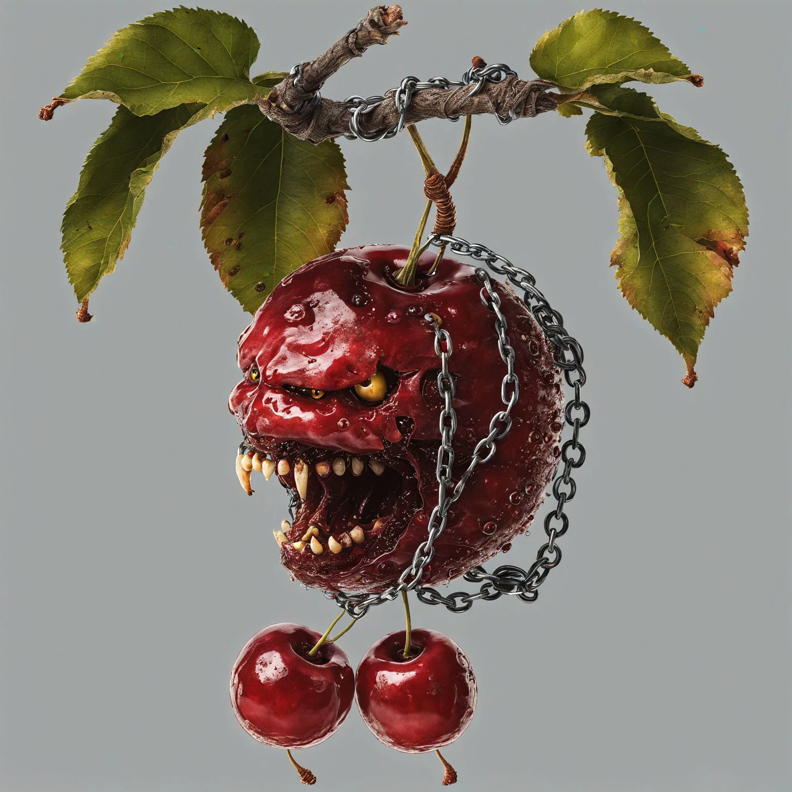 Heavily chained Cherries FaVGoneBad on the tree are barking <lora:Fruits_and_Vegetables_gone_bad_-_SDXL_LoRA:0.8>
