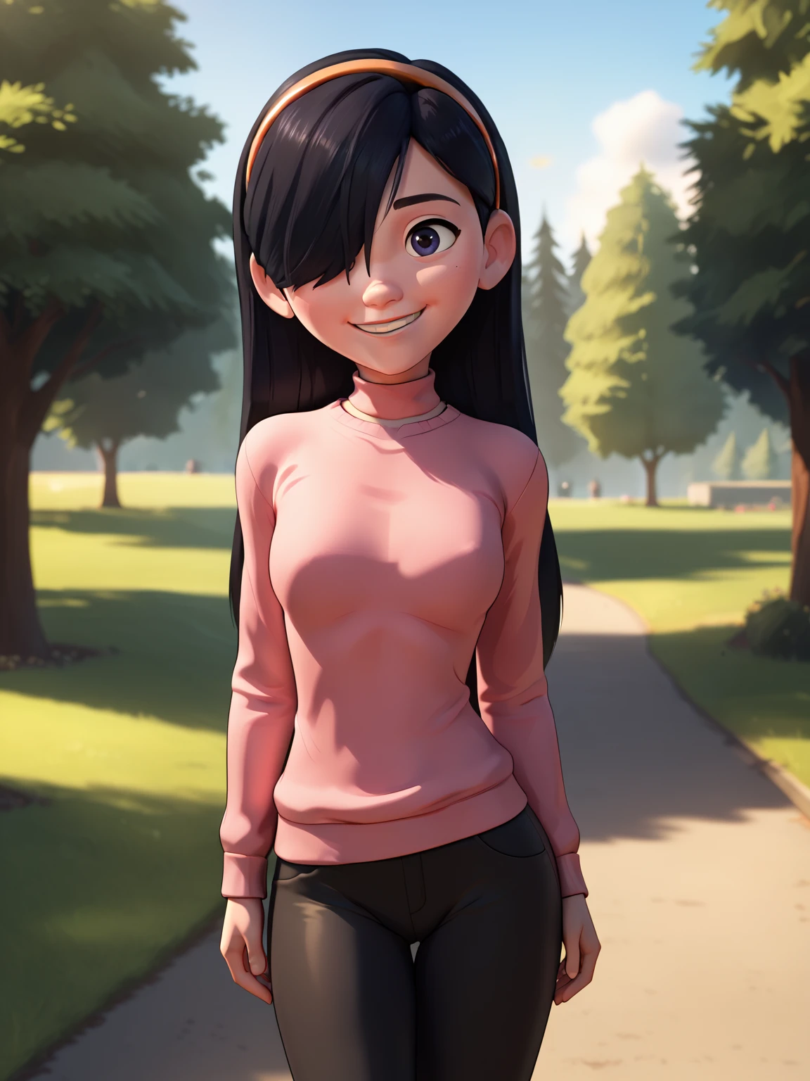 score_9, score_8_up, score_7_up, score_6_up, score_5_up, score_4_up, BREAK, source_cartoon, 3d, 1girl, solo, violetparr, long hair, black hair, hair over one eye, hairband, pink sweater, black pants, solo, smile, looking at viewer, outdoors, trees, park background <lora:VioletParrXL:1>