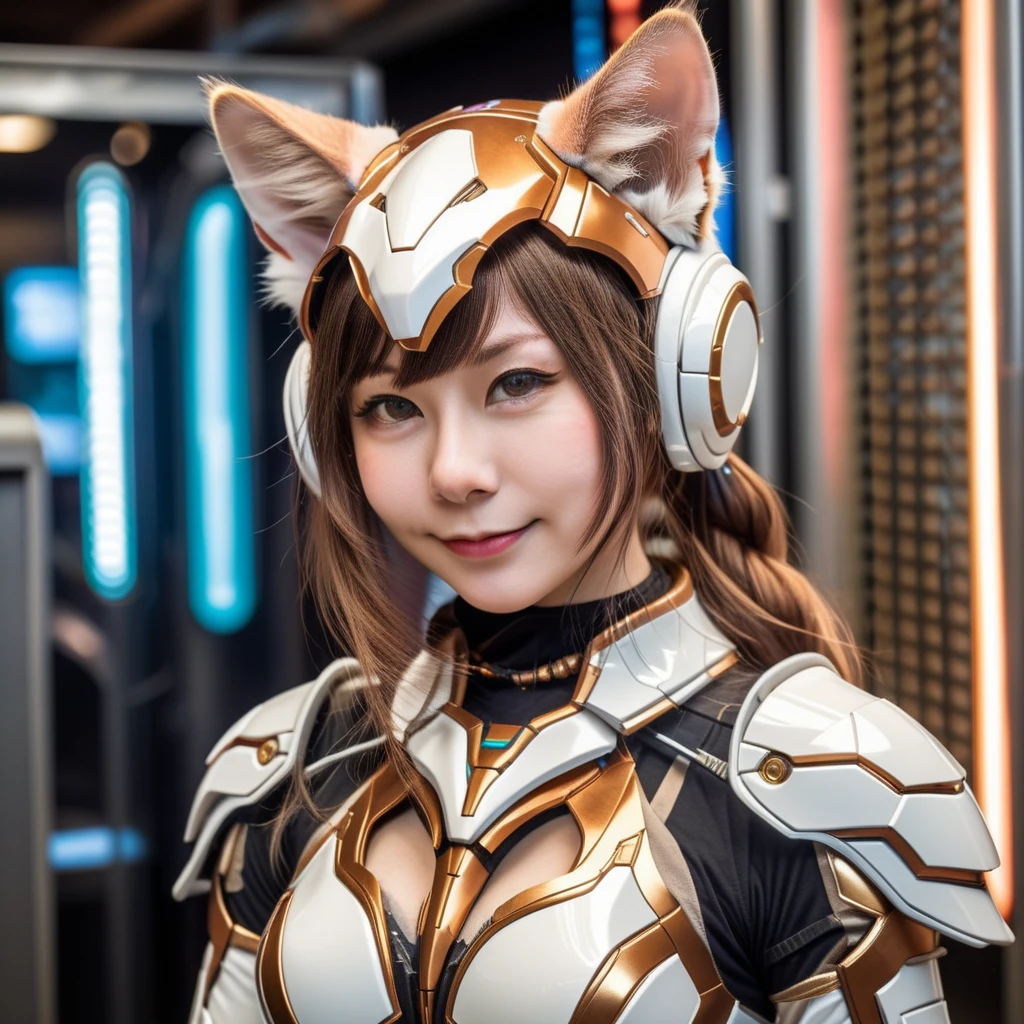 A nekomimi girl, portraying a blend of feline grace and futuristic tech, stands poised in a realistic style. Her appearance melds organic and mechanical elements, featuring high-tech armor that integrates seamlessly with her agile form. The armor is a marvel of engineering, with sleek panels, glowing interfaces, and intricate circuitry patterns. Her cat-like ears and tail are accentuated by the armor's design, while her expressive eyes and subtle smile convey a confident, enigmatic persona. <lora:d7:0.85>