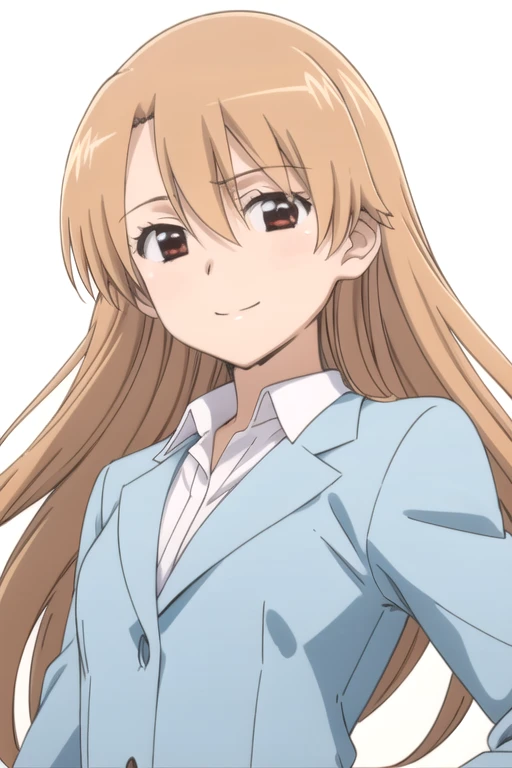 solo, 1girl, looking at viewer, flat colors, 2D, anime, anime coloring, upper body, (solid white background:1.3), <lora:yuuzuki-kissxsis:0.8>, yuuzuki kiryuu, suit, smile, looking at viewer