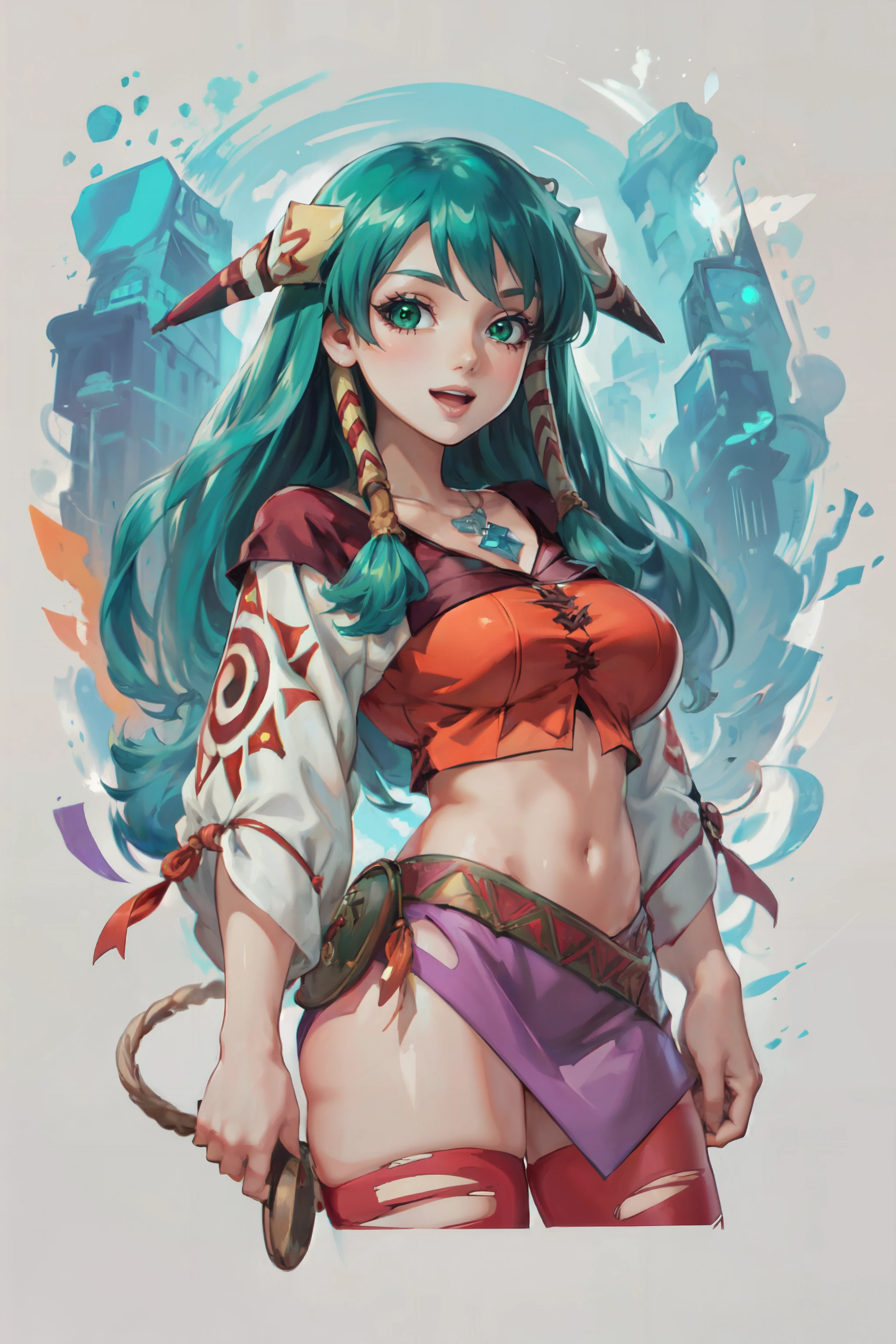 (masterpiece, best quality, ultra detailed, beautiful illustration), atmospheric perspective, depth of field, beautiful detailed eyes, anime eyes:1.4, looking at the viewer, (full body), fighting stance, dynamic angle, (outdoors, jungle, slime monsters), 1girl, frown, open mouth, (huge breasts), FeenaGrandia, green hair, green eyes, long hair, ((low-tied hair:1.6)), hair tubes, hair ornament, necklace, orange crop top, detached sleeves, wide sleeves, midriff, miniskirt, thighhighs, torn thighhighs, <lora:Grandia_Feena:1>, (whip:1.6, casting:1.3, magic:1.3, thunder magic:1.3, lightning magic:1.3, electricity:1.3, plasma, particles, energy stream),