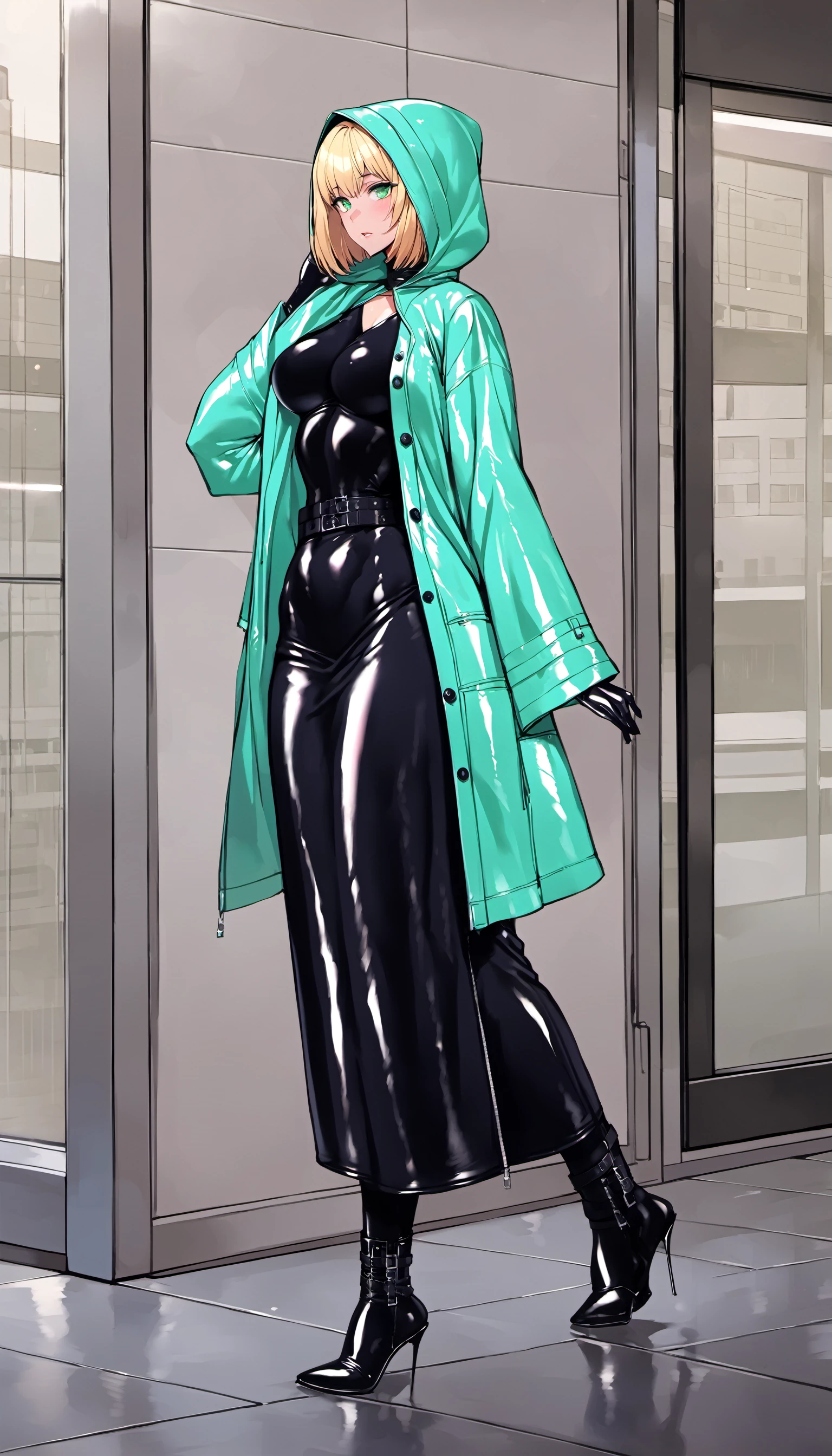 1girl, latex raincoat, (long skirt:1.2),
blonde hair, short hair, green eyes, medium breasts, bob cut,
latex, black latex dress, hoodie, wide sleeves, latex gloves, long sleeves, latex boots, latex legwear, (hood, hood up:1.2),
outdoors, in front of a building, city, skyscraper, cloudy sky, rain,
masterpiece, best quality, ultra detailed, high quality, perfect anatomy, solo, contemporary, full body, walking, pose,
detailed face, detailed eyes, detailed hair, illustration,
<lora:tesomu-sdxl-d:1>