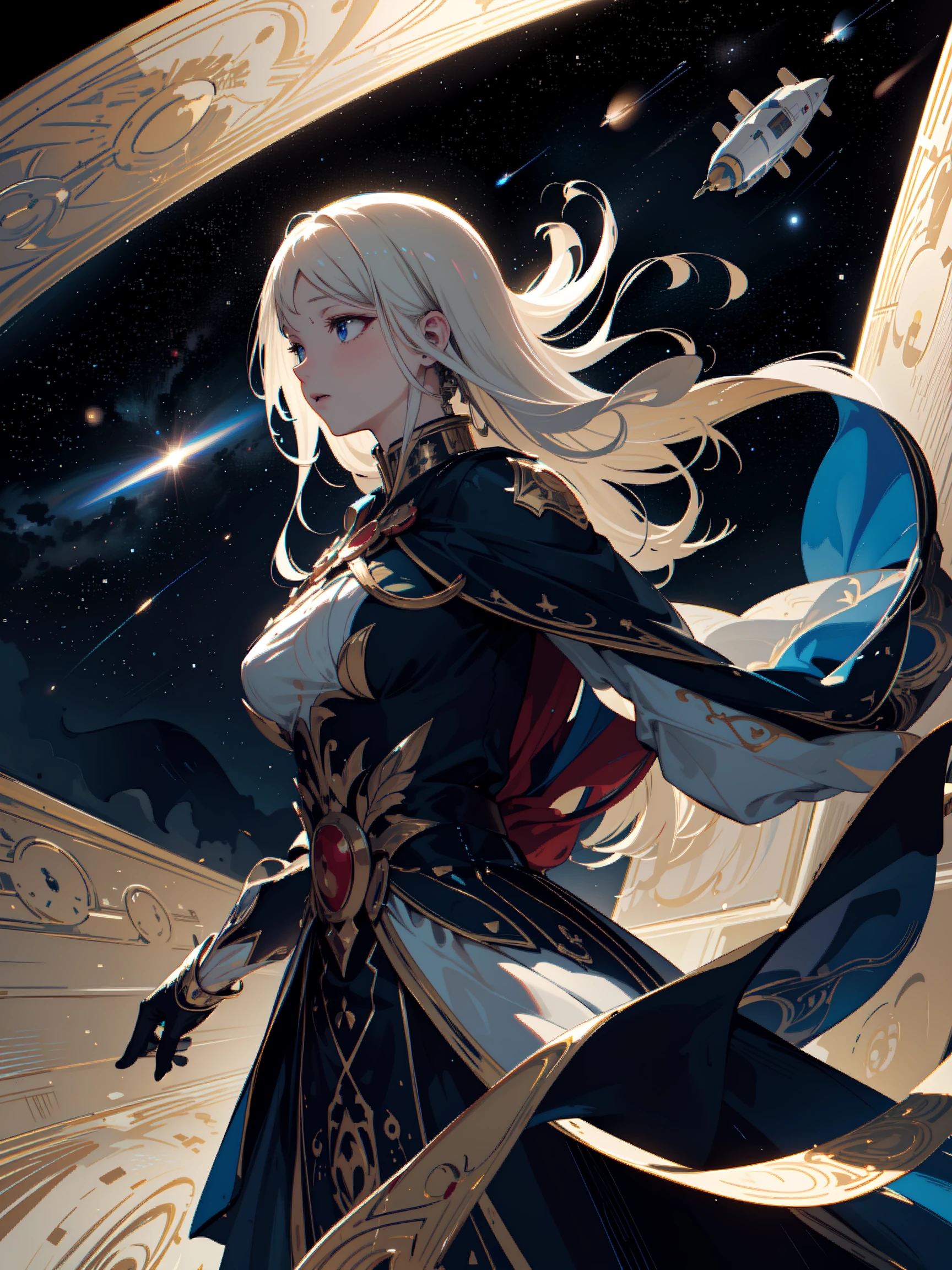 ((extremely detailed illustration)), highres, ((extremely detailed and beautiful background)), (professional illustrasion), (official art), ((Ultra-precise depiction)), ((Ultra-detailed depiction)), (beautiful:1.2 and aesthetic:1.2), beautiful detailed, intricate:1.1, nice hands, perfect hands, Fleet hovering in the celestial expanse. A multitude of formidable spacecraft align in space, emanating a heroic aura.,