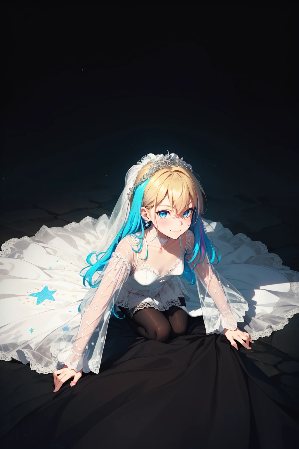 best quality, masterpiece, detailed background, highly detailed, woman crawling, smirk, small breasts, crawling, nightgown lace wedding dress, (white leotard with lace, vibrant colors), pantyhose with starry prints, see-through sleeves, see-through shirt, see-through skirt, high-waisted skirt
<lora:Tsurime:1> <lora:add_detail:0.65> <lora:yaosiv2:0.36> <lora:Demon Girls v5:0.35> <lora:TBCrazyGirlDesign_v230721b:0.4><lora:AsukaLangleySouryuuV2:0.47>