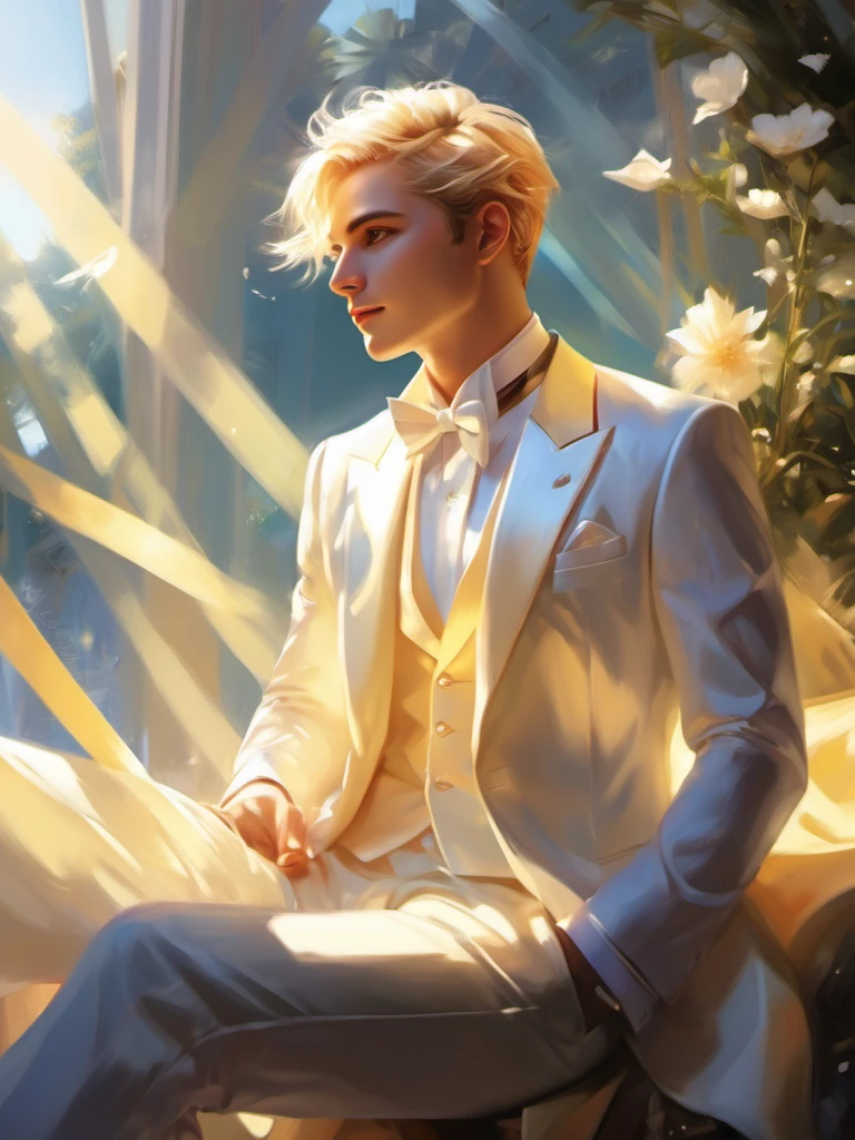 1 male, blonde hair, short hair, solo, magic, white tuxedo, sunshine on hair
