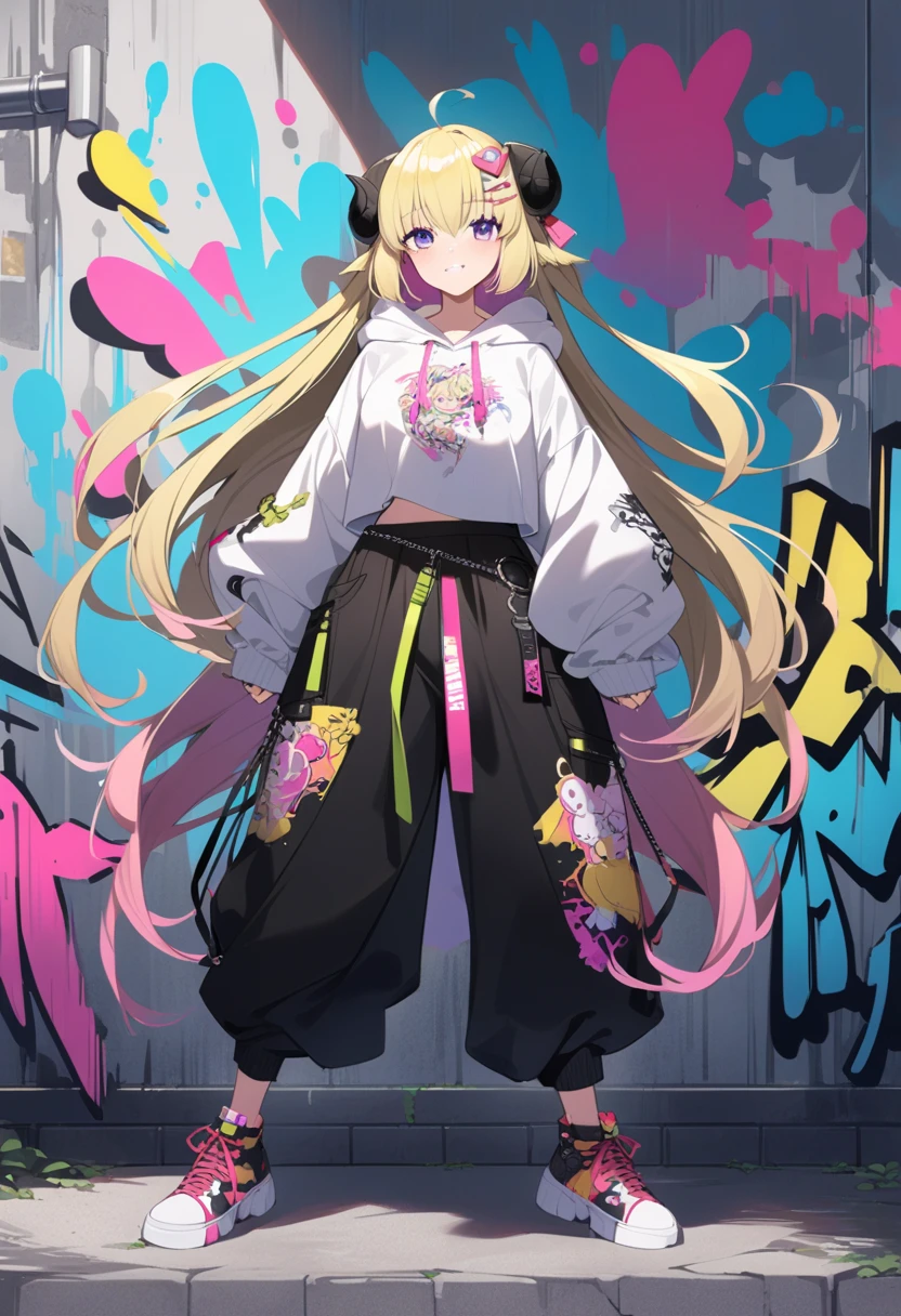 TsunomakiWatame,  long hair,  ahoge,  urban and street style,  graffiti-inspired colors,  cool and edgy attire,  baggy pants,  oversized hoodie,  stylish sneakers,  fashionable accessories,  hip hop jewelry,  confident expression,  graffiti walls,  energetic and vibrant atmosphere, <CHAR-WatameSDXL:1.0>